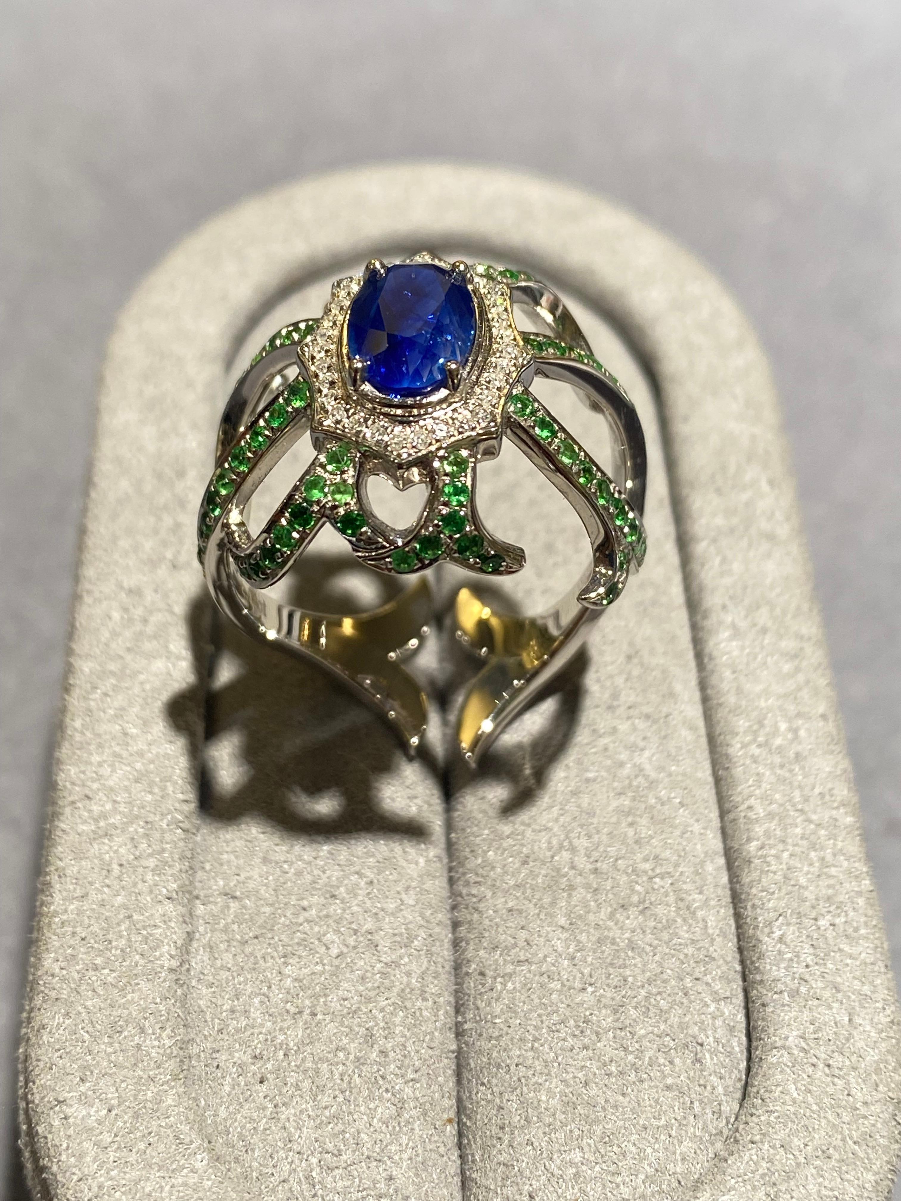 Contemporary Eostre Blue Sapphire, Tsavorite and Diamond Ring in 18k White Gold For Sale