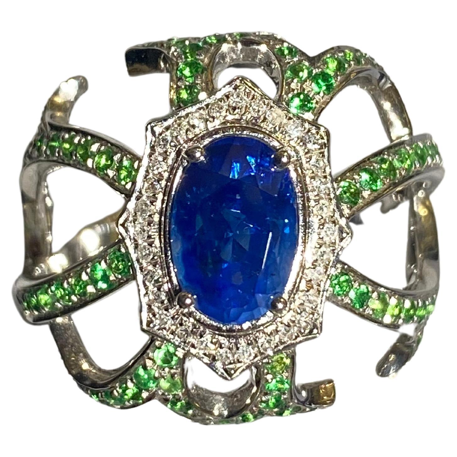Eostre Blue Sapphire, Tsavorite and Diamond Ring in 18k White Gold