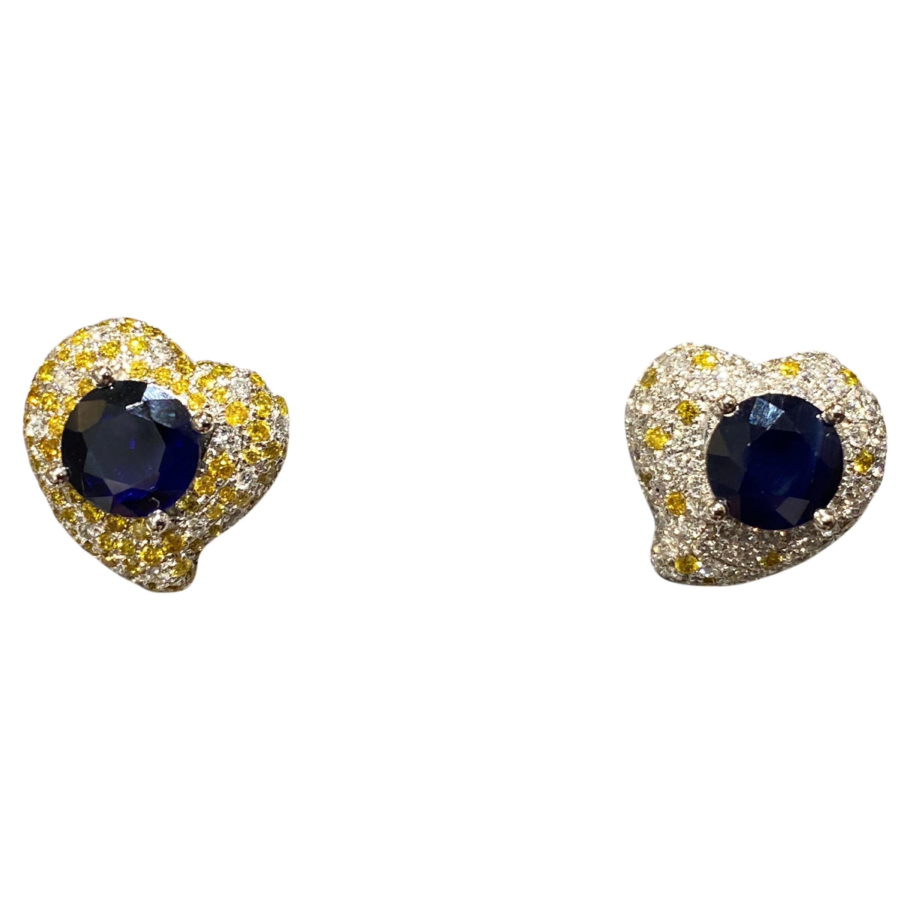 Boucles d'oreilles en or 18 carats avec saphir bleu émeraude, diamant jaune et diamants