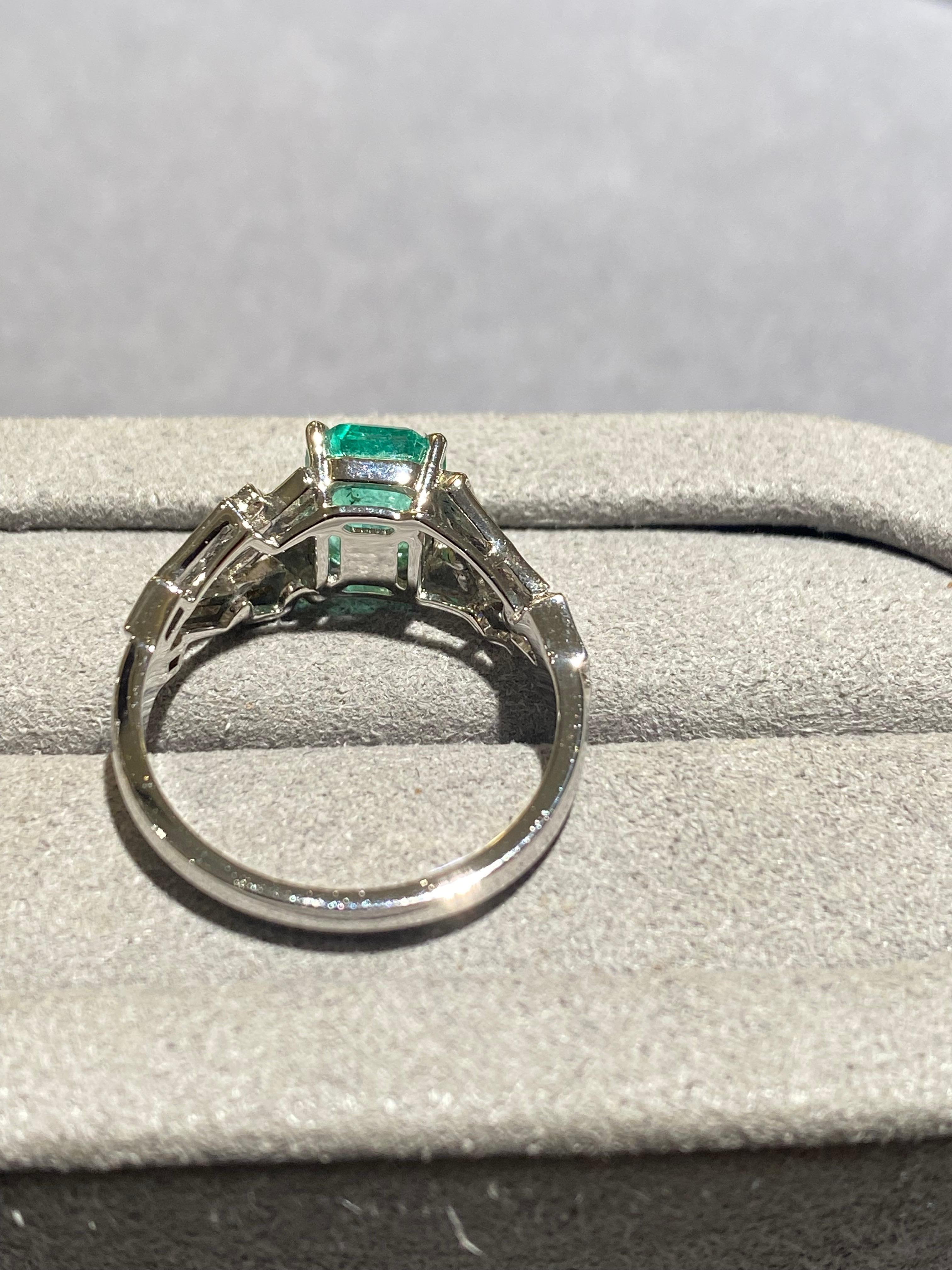 Contemporary Eostre Emerald and Diamond Ring in 18k White Gold For Sale