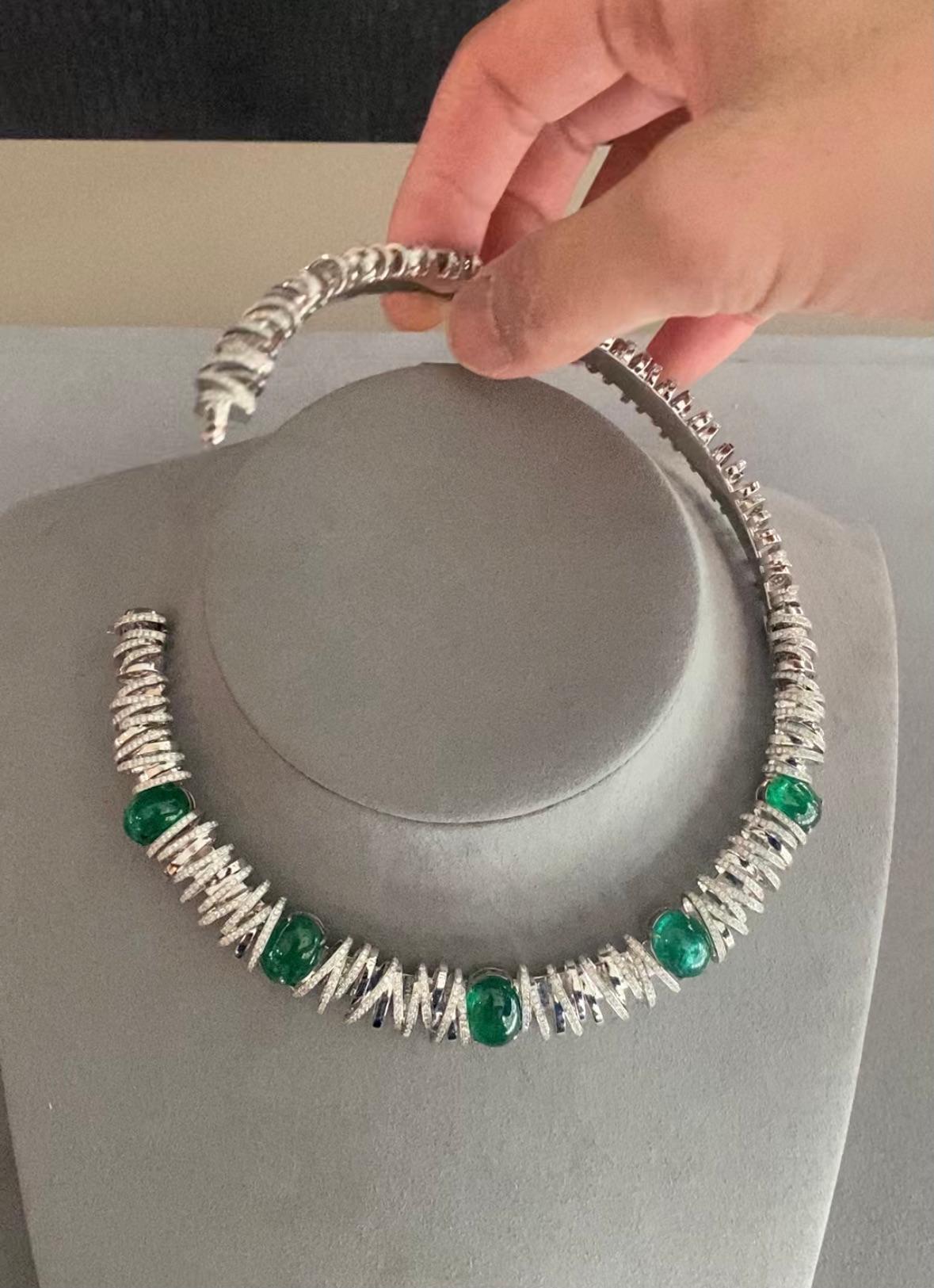 Women's or Men's Eostre Emerald and Diamond White Gold Bird Nest Collar For Sale