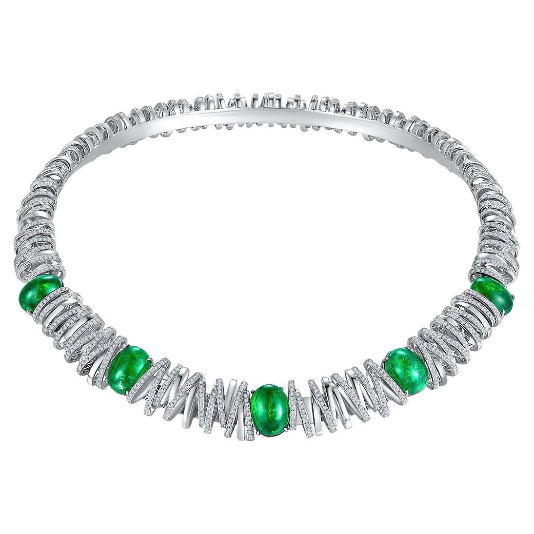 Eostre Emerald and Diamond White Gold Bird Nest Collar For Sale