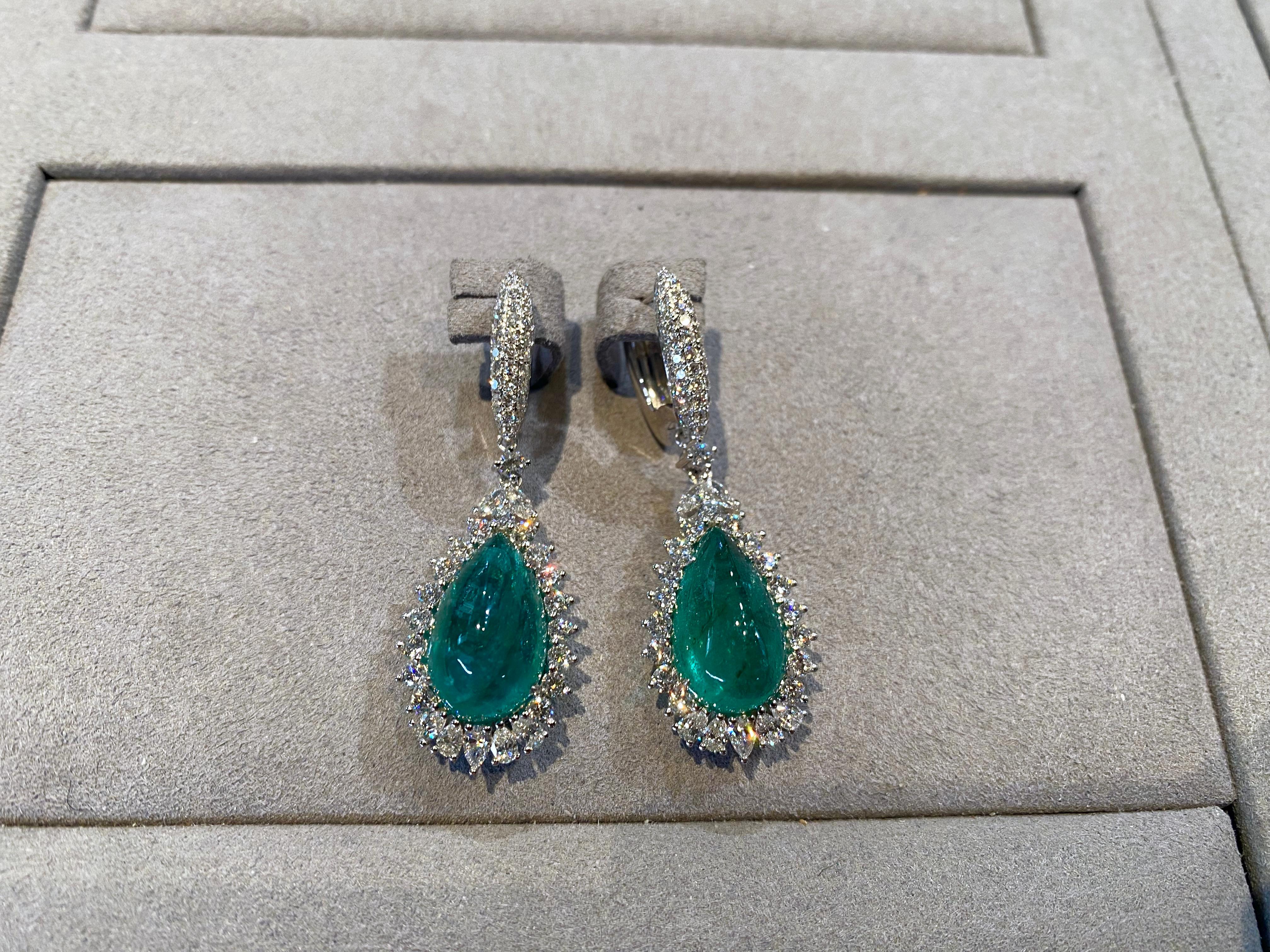Contemporary Eostre Emerald Cabochon and Diamond White Gold Earring For Sale