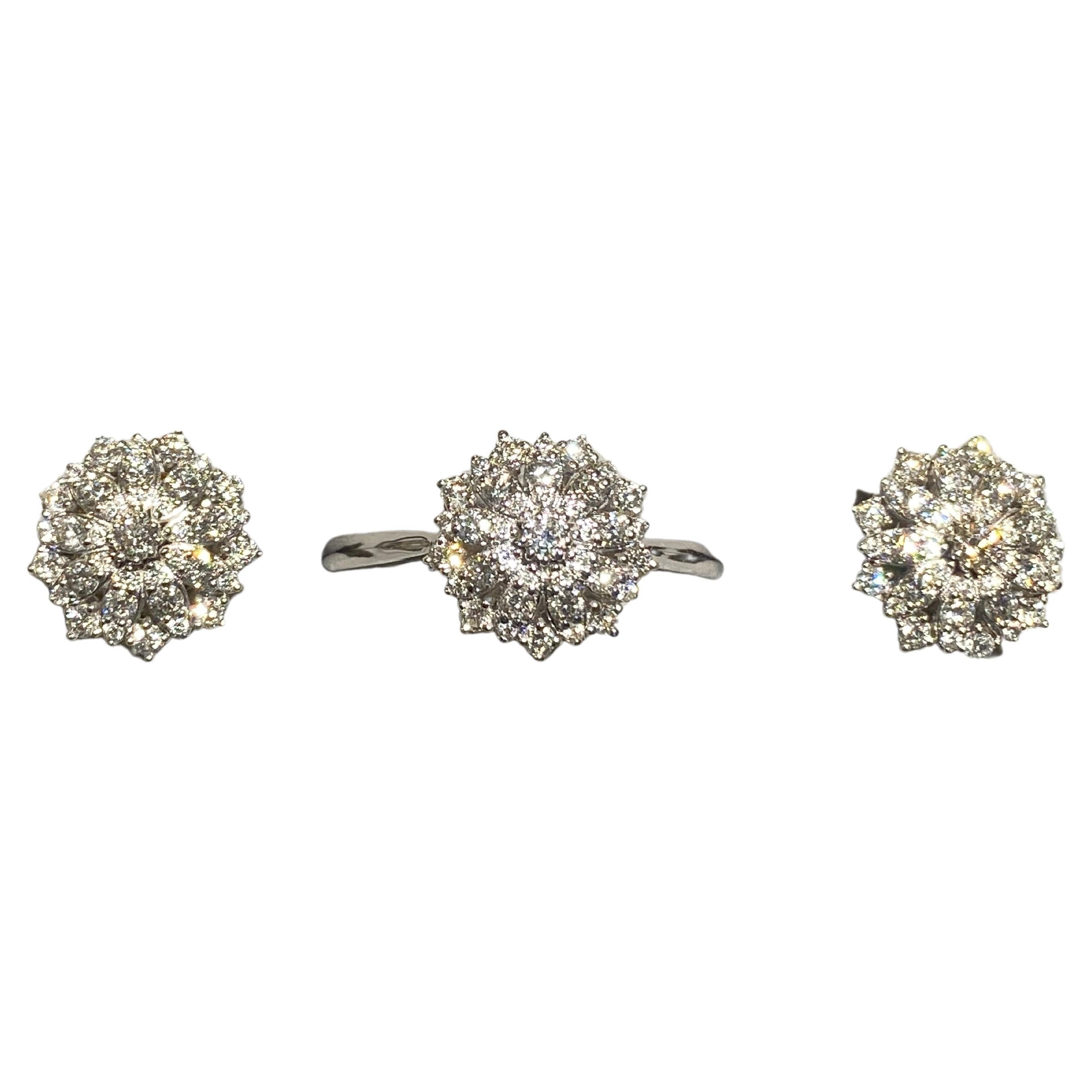 Eostre Flower Motif Diamond Earrings and Ring Jewellery Set in 18k White Gold