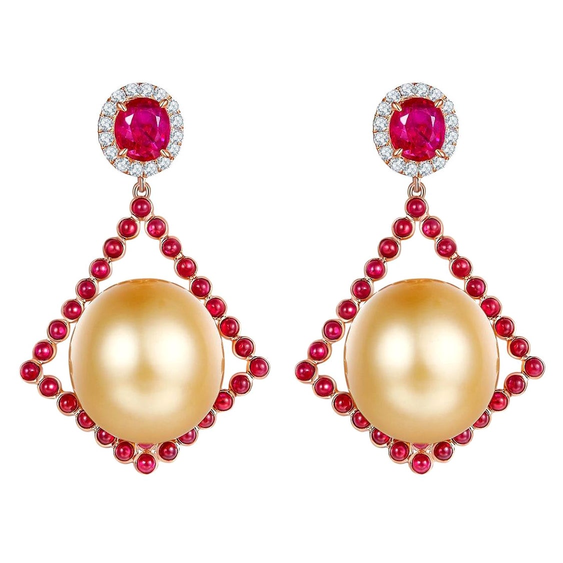 Eostre Goldener Südseeperlen-, Rubin- und Diamant-Ohrring aus 18 Karat Roségold
