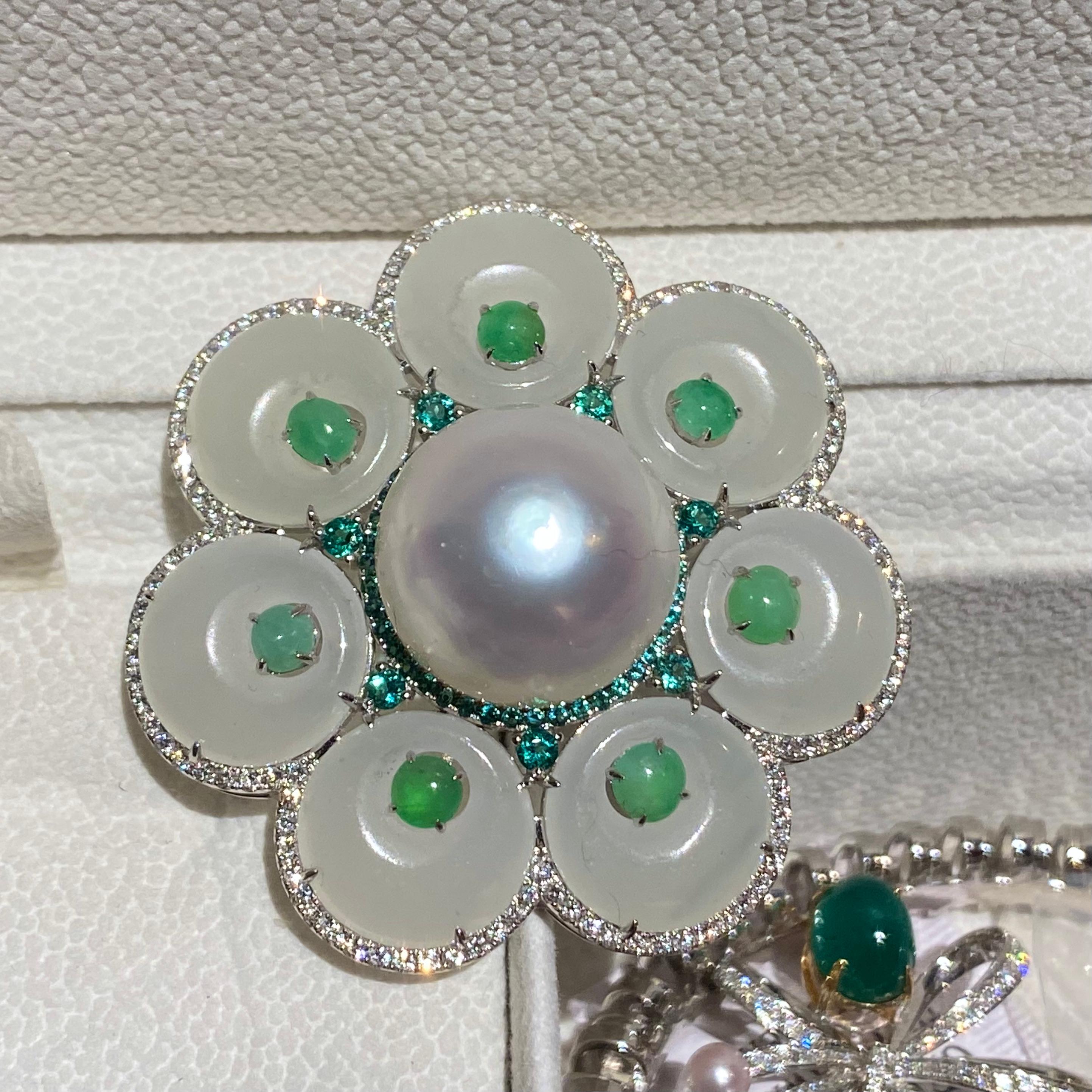 Bead Eostre Jade, South Sea Pearl, Tsavorite and Diamond White Gold Brooch For Sale