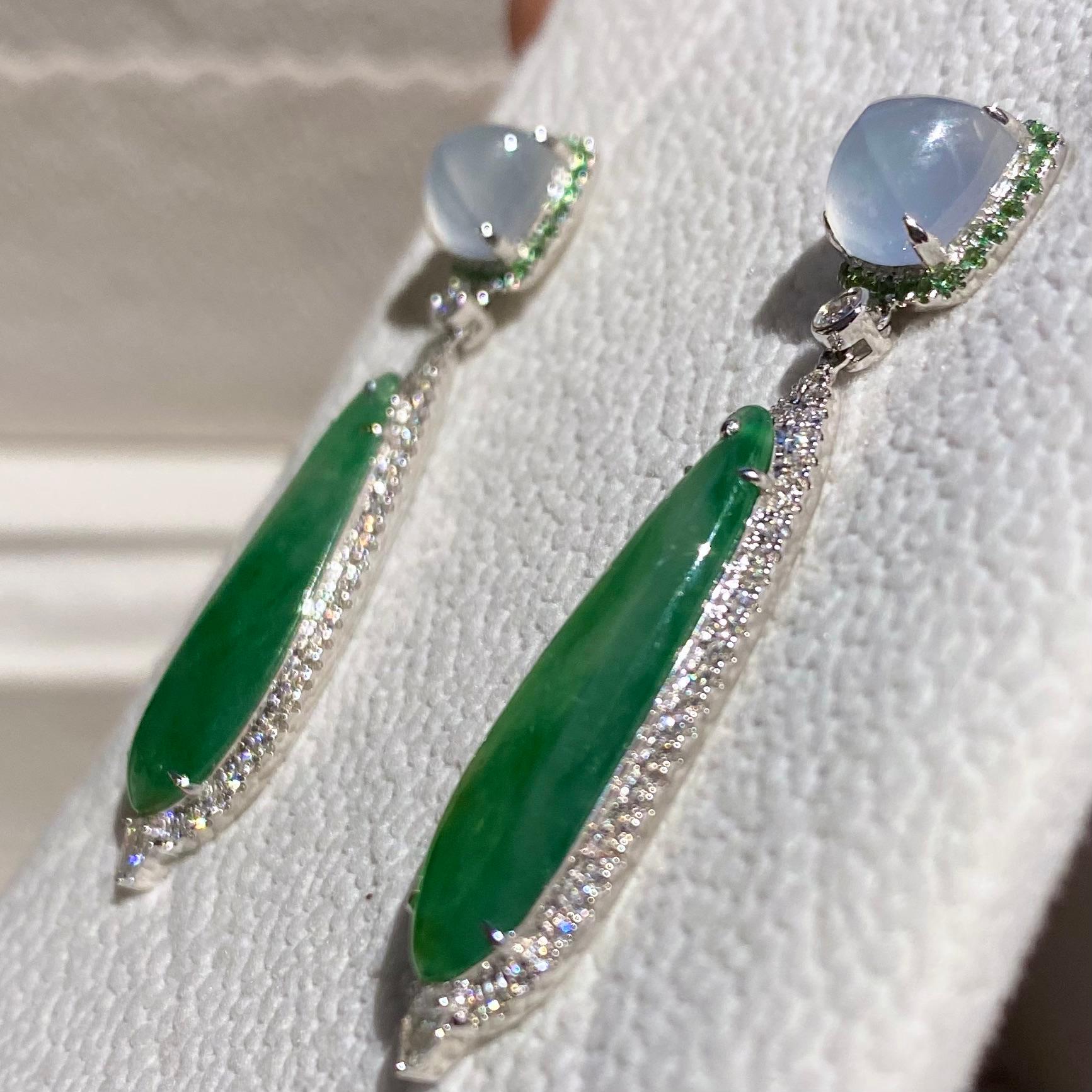 Contemporary Eostre Jadeite and Diamond 18K White Gold Earring For Sale