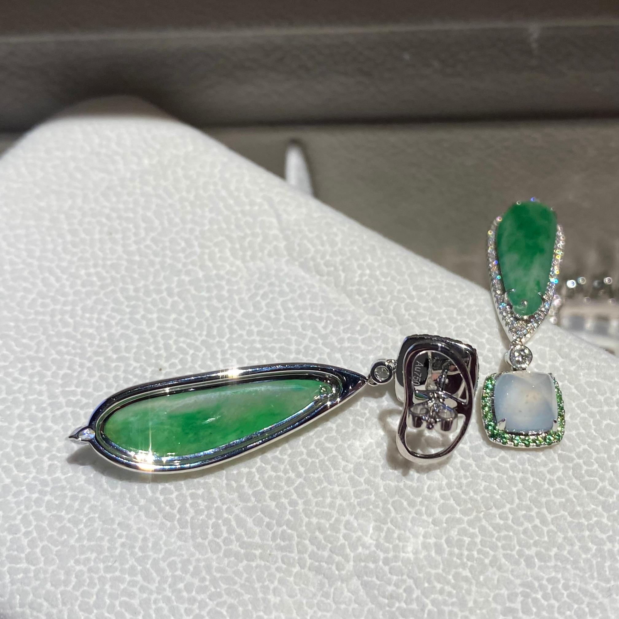 Eostre Jadeite and Diamond 18K White Gold Earring In New Condition For Sale In Melbourne, AU