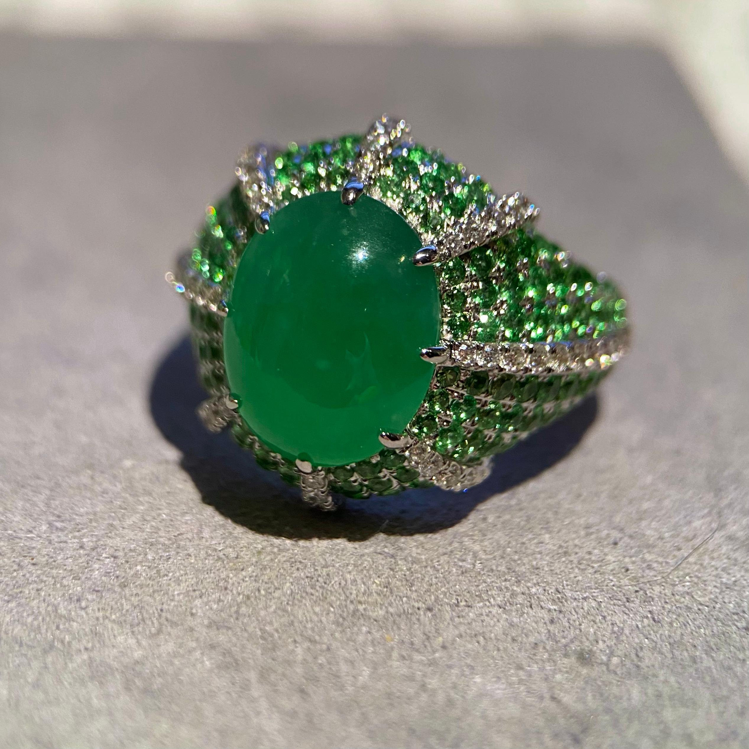 Contemporary Eostre Jadeite and Diamond 18K White Gold Ring For Sale