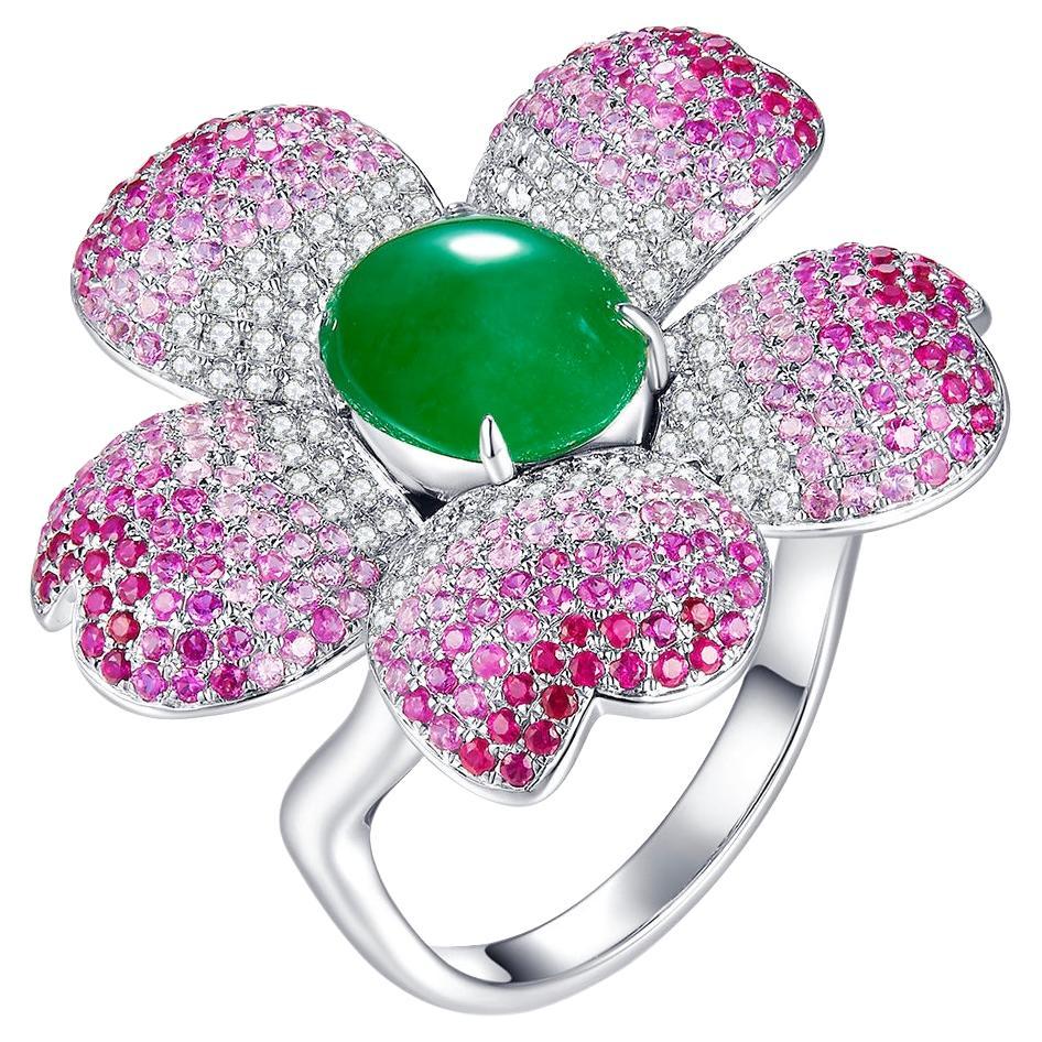 Eostre Type A Green Jadeite, Pink Sapphire and Diamond Pendant Ring in 18k Gold For Sale