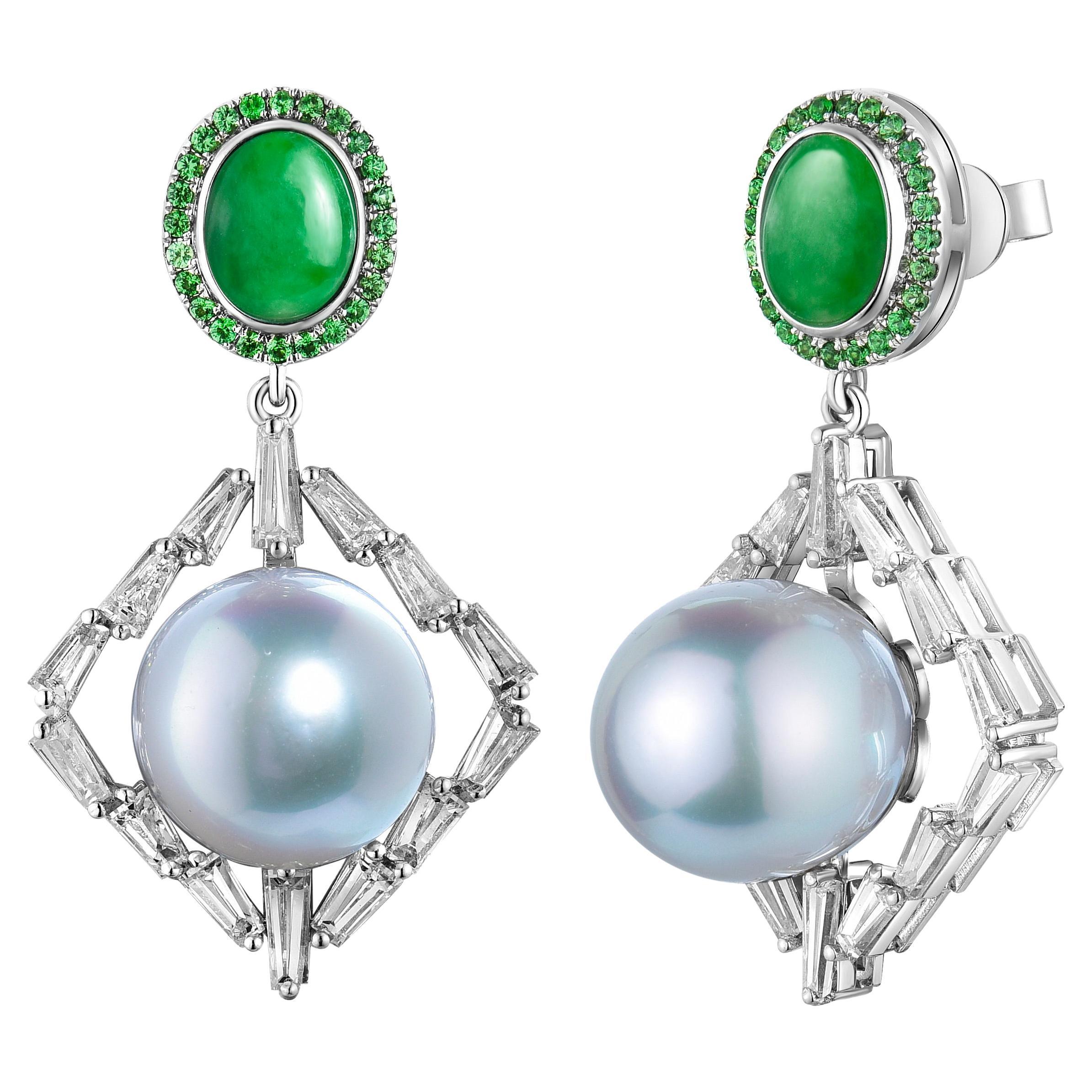 Eostre Jadeite, South Sea Pearl, Tsavorite and Diamond 18K White Gold Earring For Sale
