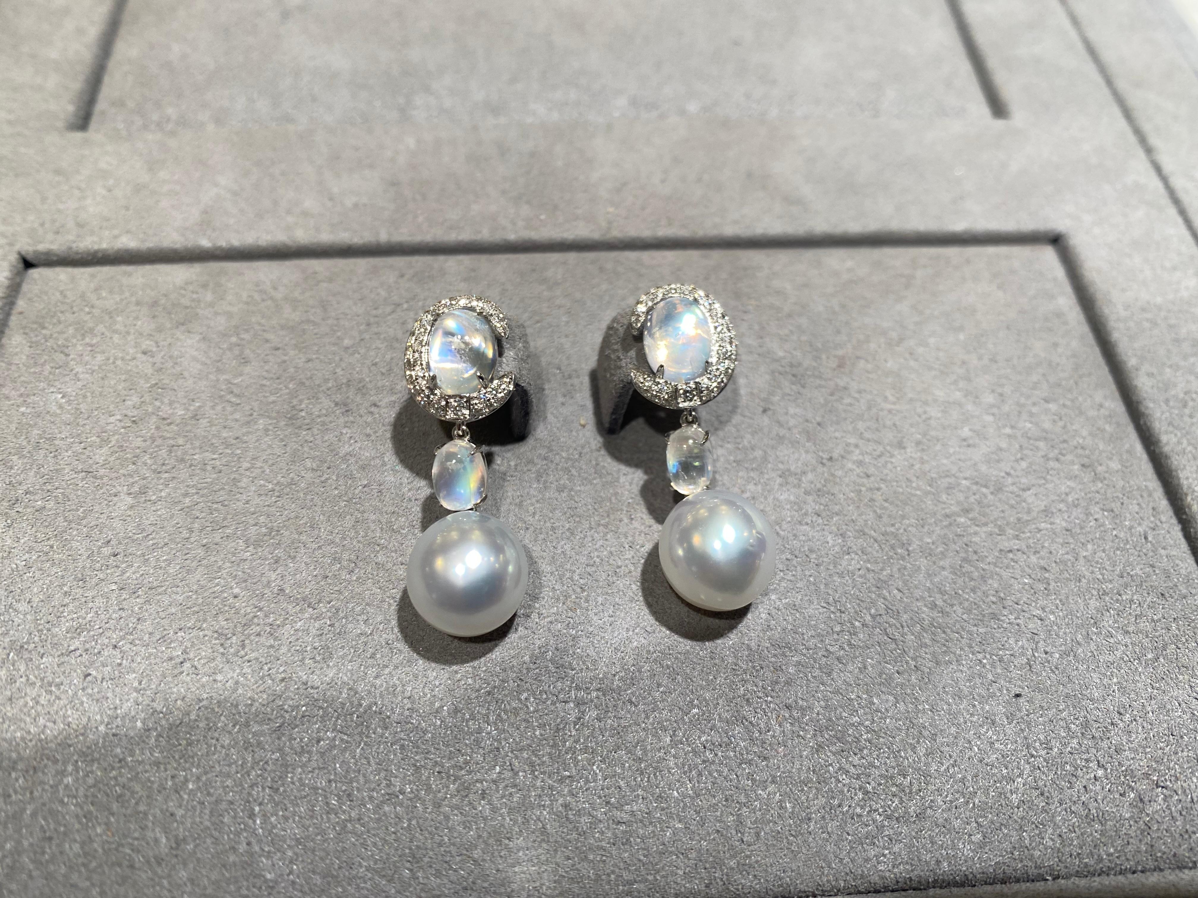 Contemporary Eostre Moonstone, White South Sea Pearl and Diamond Earring in 18K Gold For Sale