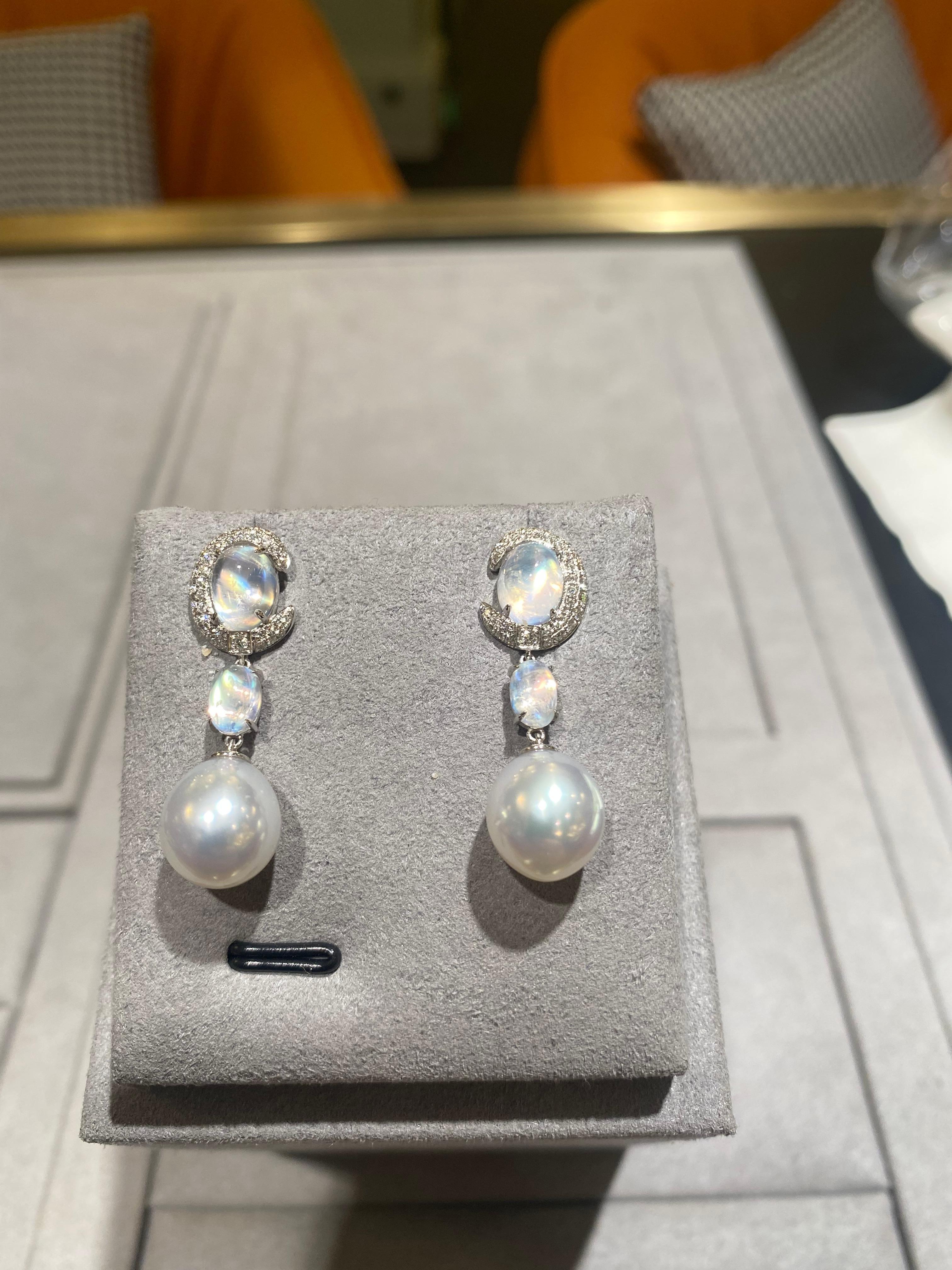 Brilliant Cut Eostre Moonstone, White South Sea Pearl and Diamond Earring in 18K Gold For Sale