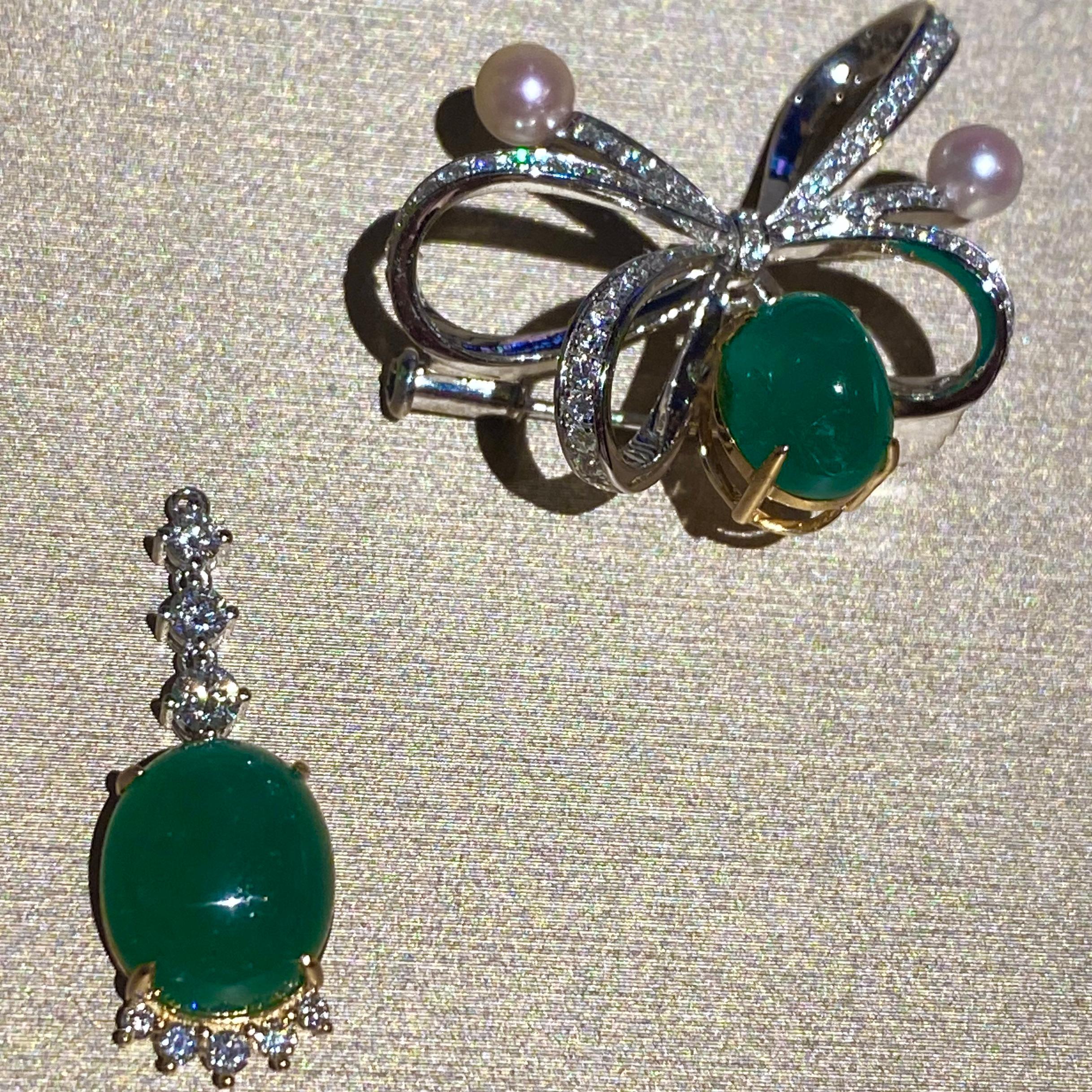 Contemporary Eostre Multi Style Green Emerald and Diamond 18k White Gold Brooch Pendant  For Sale