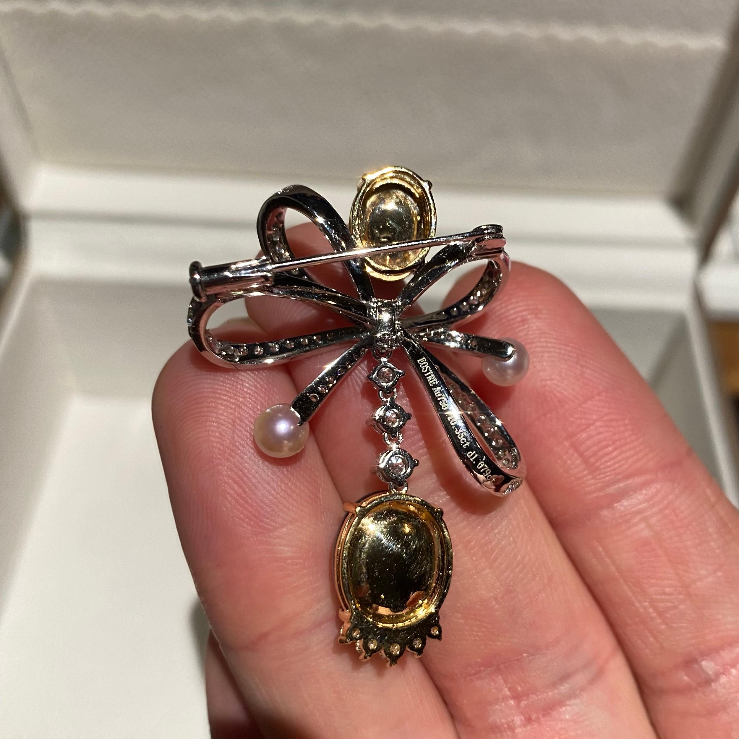 Sugarloaf Cabochon Eostre Multi Style Green Emerald and Diamond 18k White Gold Brooch Pendant For Sale