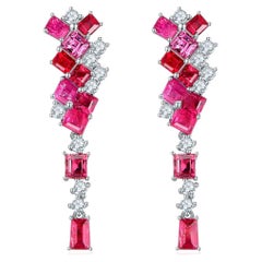 Eostre Neon Spinel Red and Hot Pink and Diamond 18k White Gold Earring