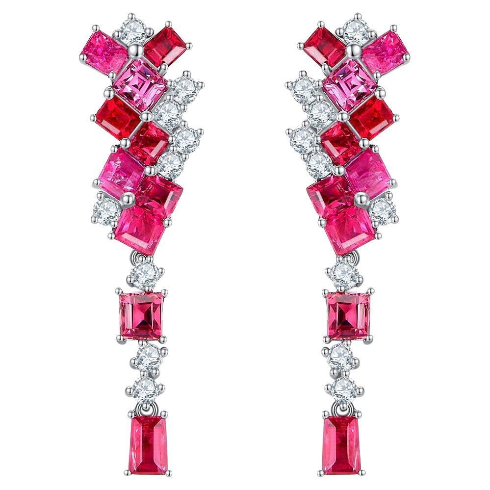 Eostre Neon Spinel Red and Hot Pink and Diamond 18k White Gold Earring 