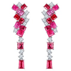 Eostre Neon Spinel Red and Hot Pink and Diamond 18k White Gold Earring 