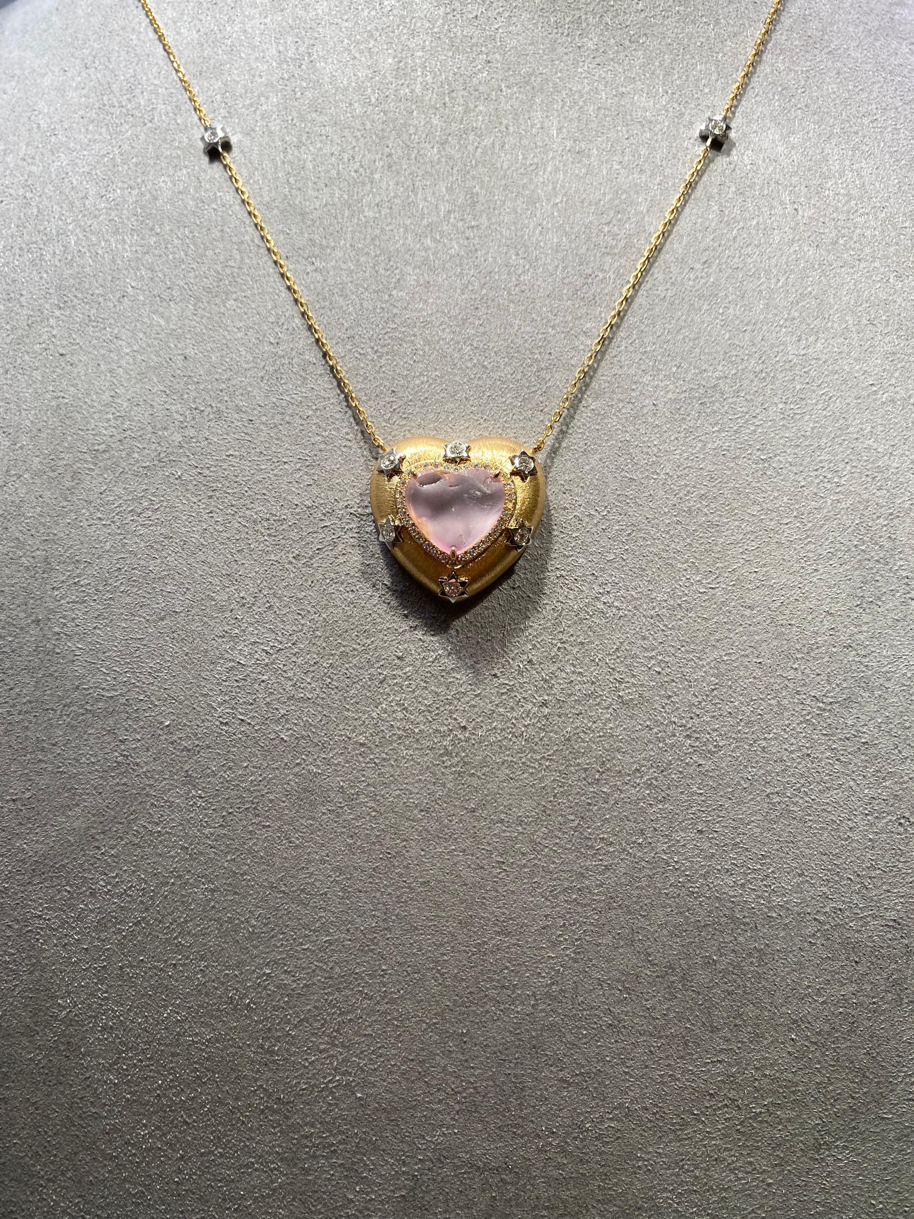 This is a heart shape pendant necklace. The length of the necklace is adjustable and there are 2 diamond set star motif integrated into the chain. The star motif in the chain matches the ones that surrounded the pink sapphire. The pink sapphire is