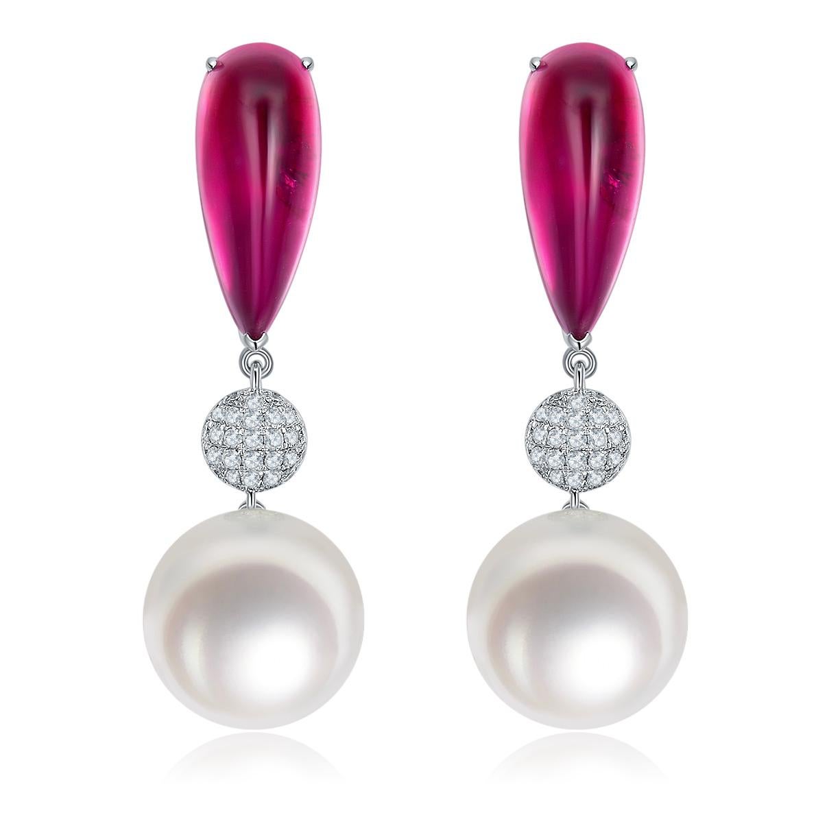Brilliant Cut Eostre Rubillite Diamond and South Sea Pearl Earring in 18k White Gold For Sale
