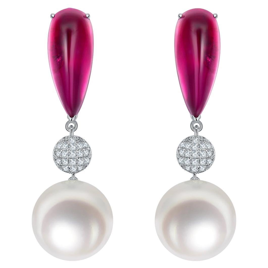 Eostre Rubillite Diamond and South Sea Pearl Earring in 18k White Gold For Sale