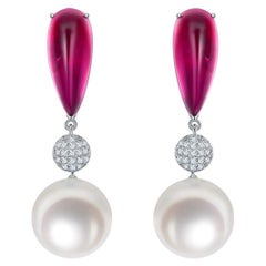 Eostre Rubillite Diamond and South Sea Pearl Earring in 18k White Gold