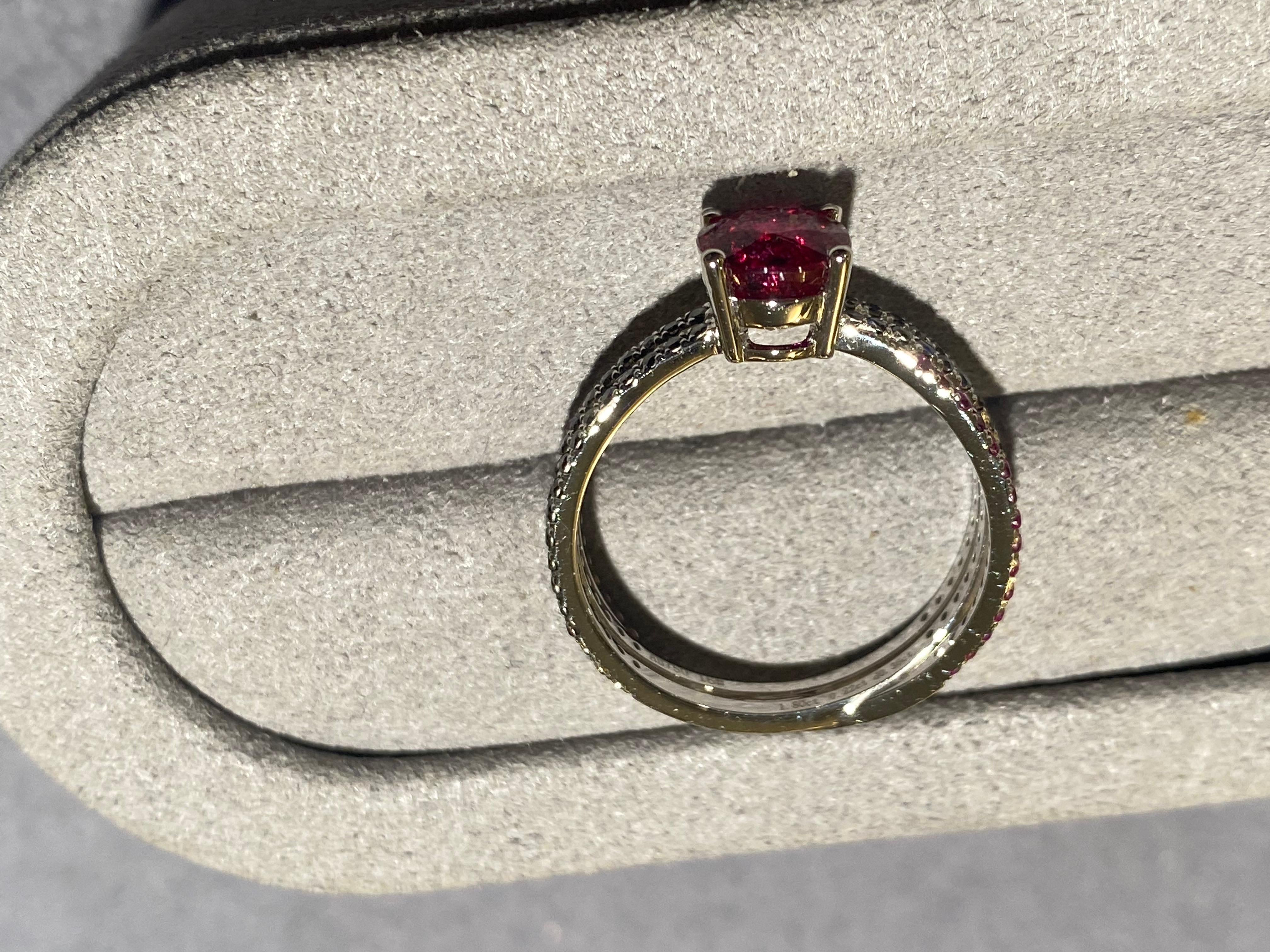 Brilliant Cut Eostre Ruby and Black Diamond Ring in 18k White Gold For Sale