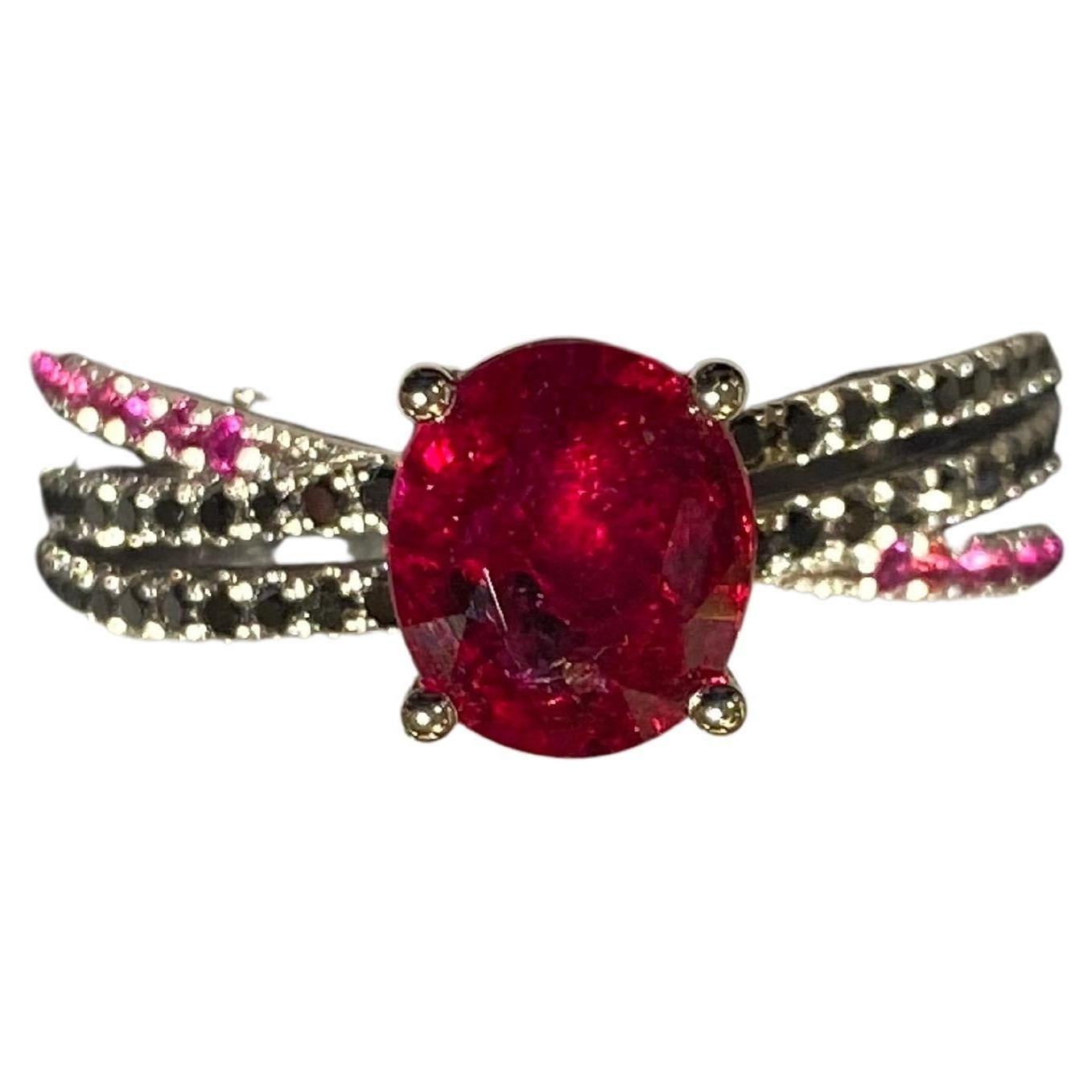 Eostre Ruby and Black Diamond Ring in 18k White Gold