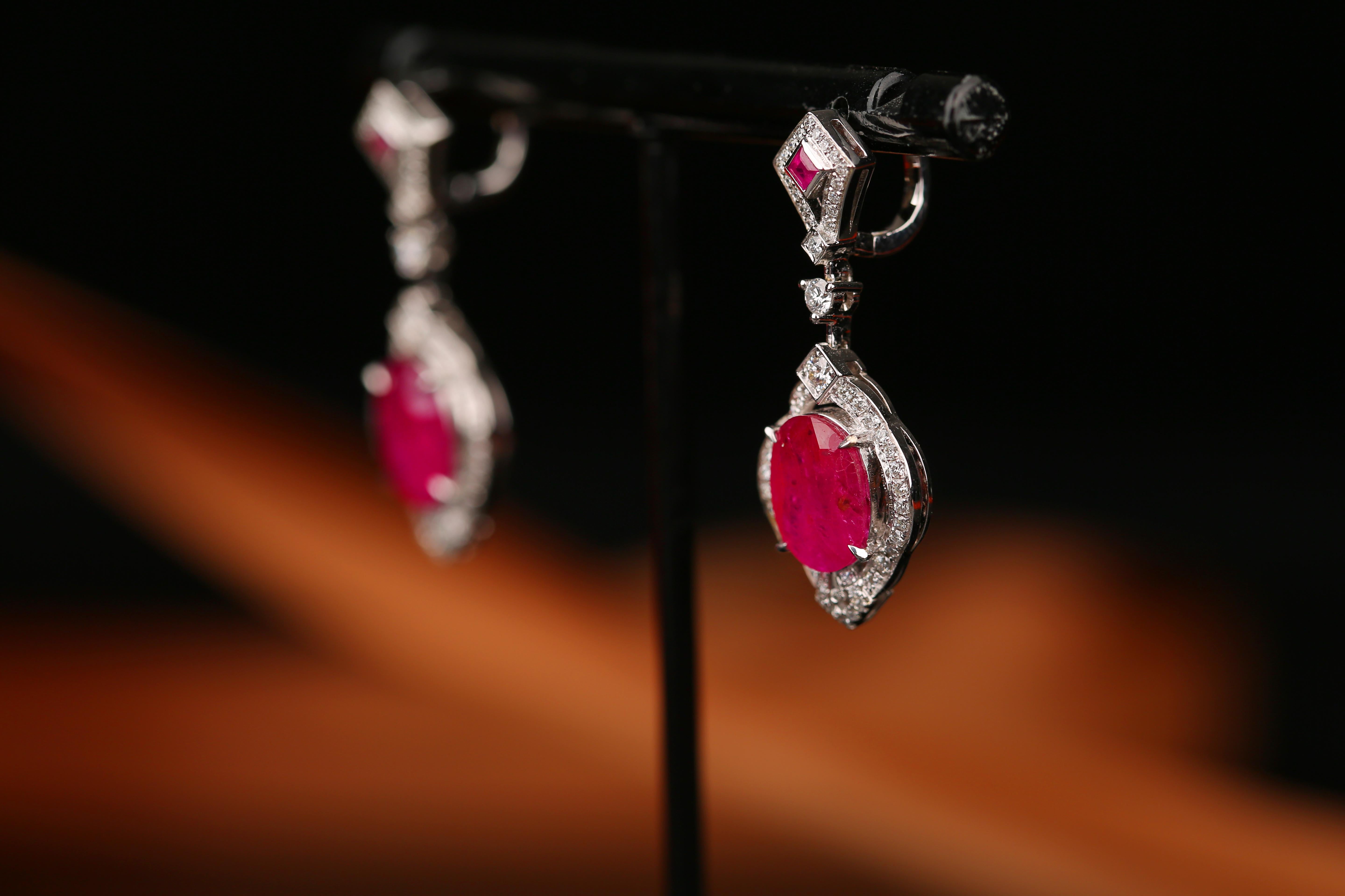 Contemporary Eostre Ruby and Diamond Earring in 18k White Gold For Sale
