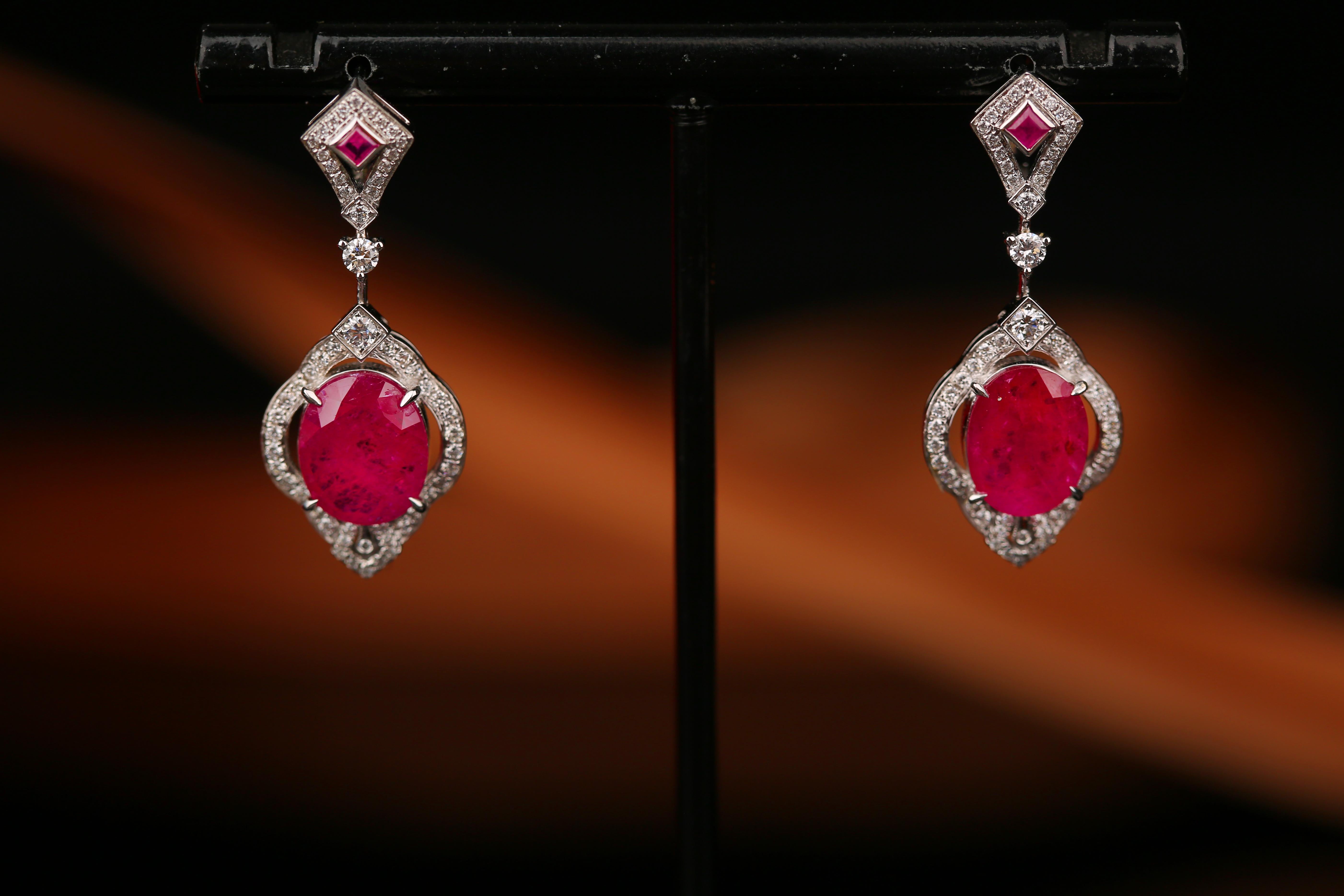 Cabochon Eostre Ruby and Diamond Earring in 18k White Gold For Sale