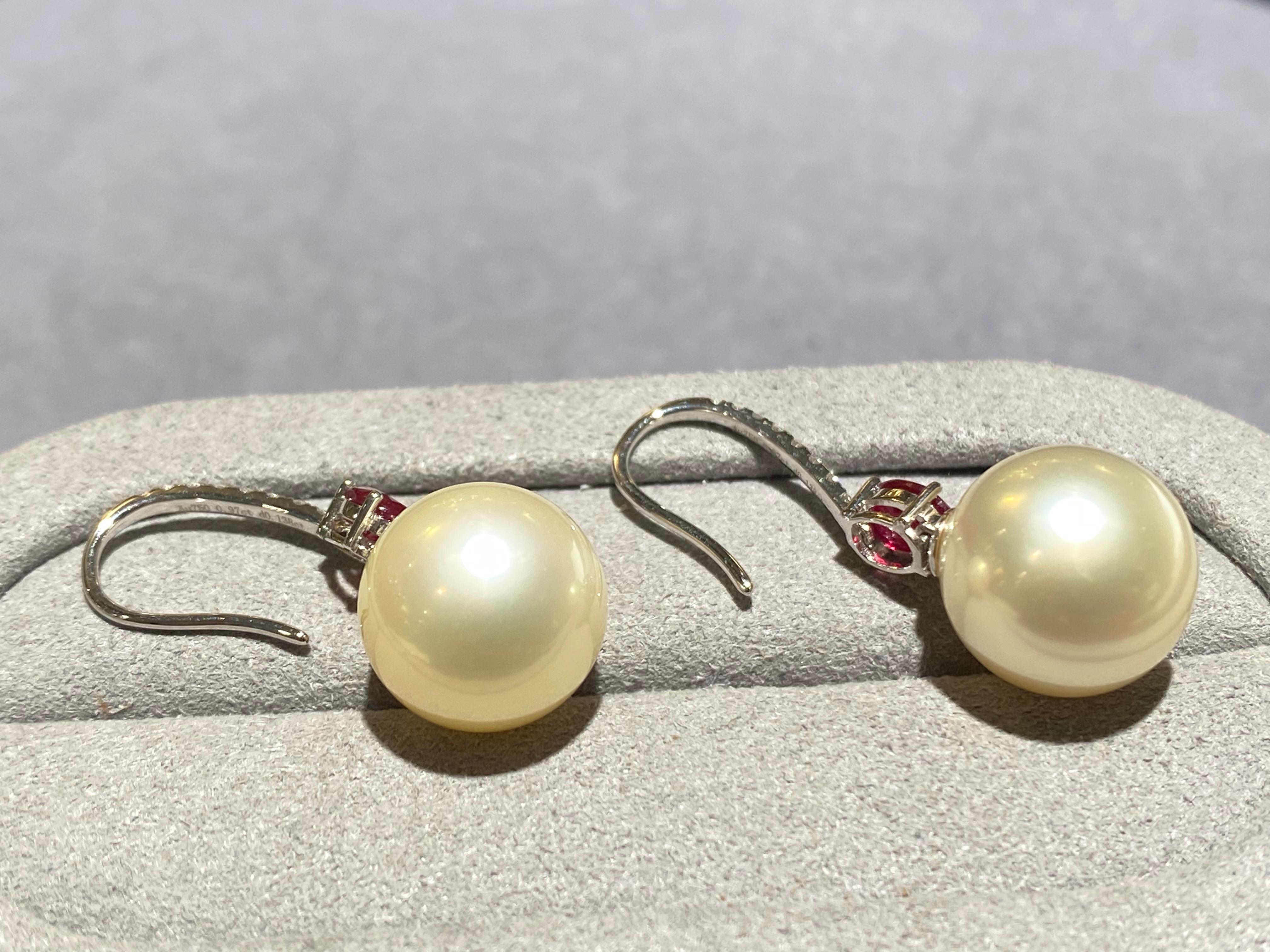 Contemporary Eostre Ruby, Champagne Colour South Sea Pearl and Diamond Earrings in 18k Gold For Sale