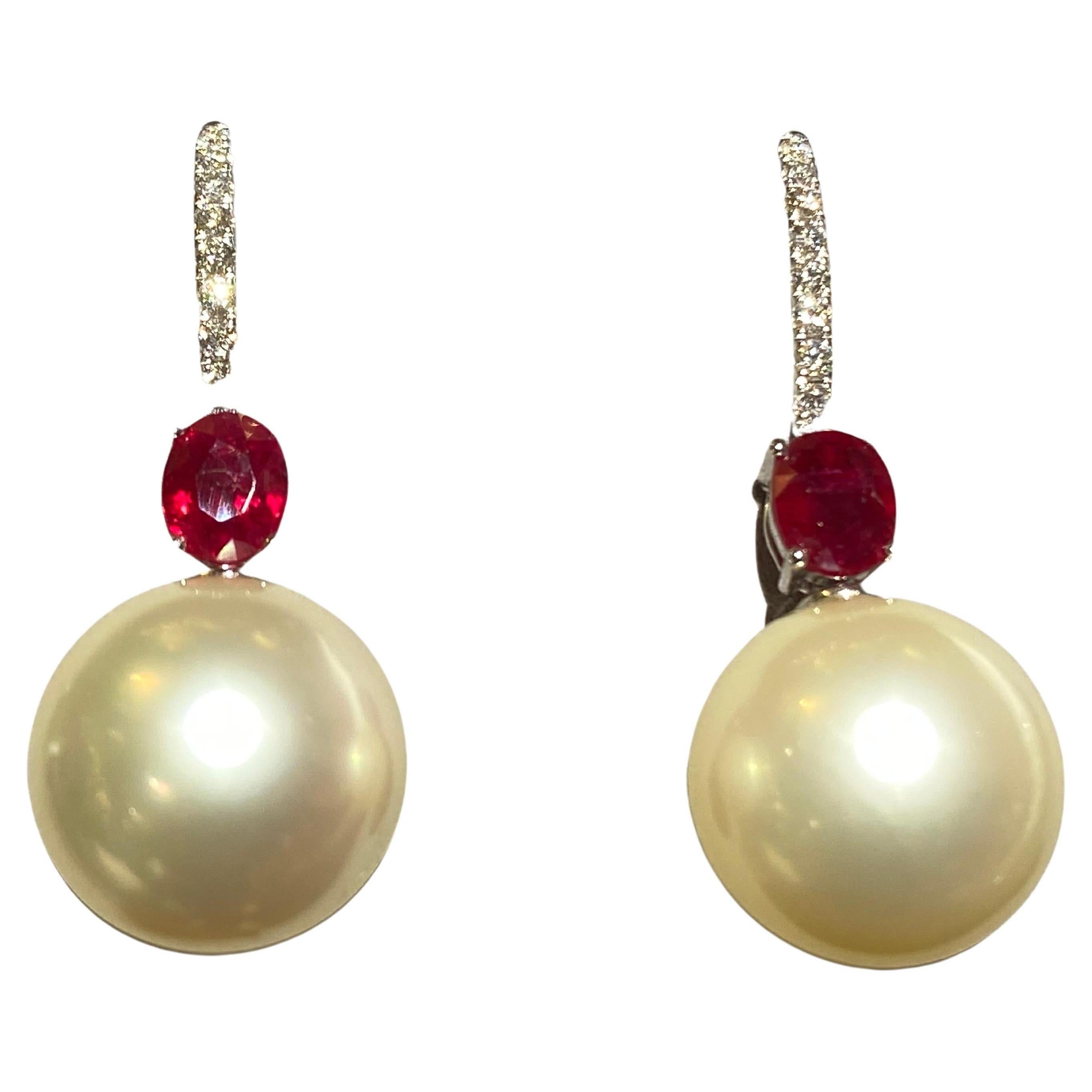 Eostre Ruby, Champagne Colour South Sea Pearl and Diamond Earrings in 18k Gold