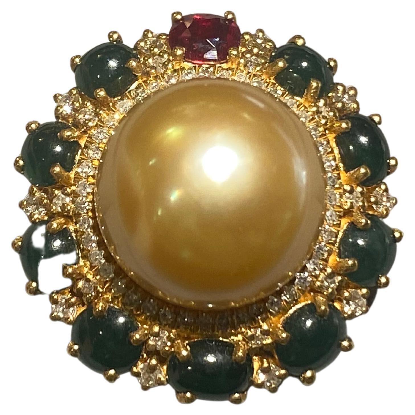 Eostre Ruby, Type A Jadeite and Diamond Pendant in 18k Yellow Gold