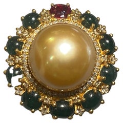 Eostre Ruby, Type A Jadeite and Diamond Pendant in 18k Yellow Gold