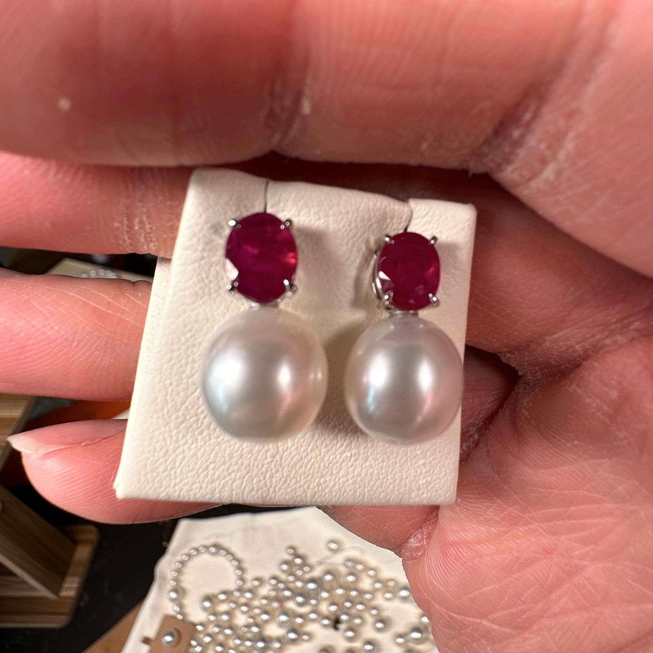 Contemporary Eostre Ruby, White Australian South Sea Pearl and Diamond Earrings in 18k Gold For Sale
