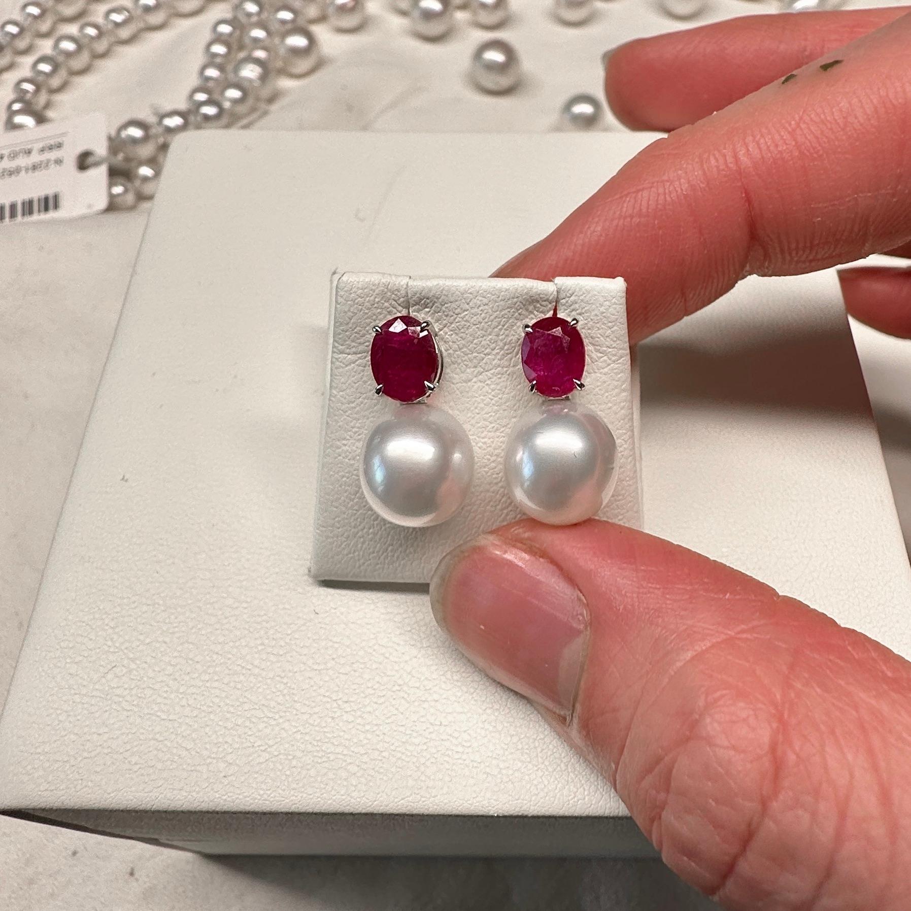 Bead Eostre Ruby, White Australian South Sea Pearl and Diamond Earrings in 18k Gold For Sale
