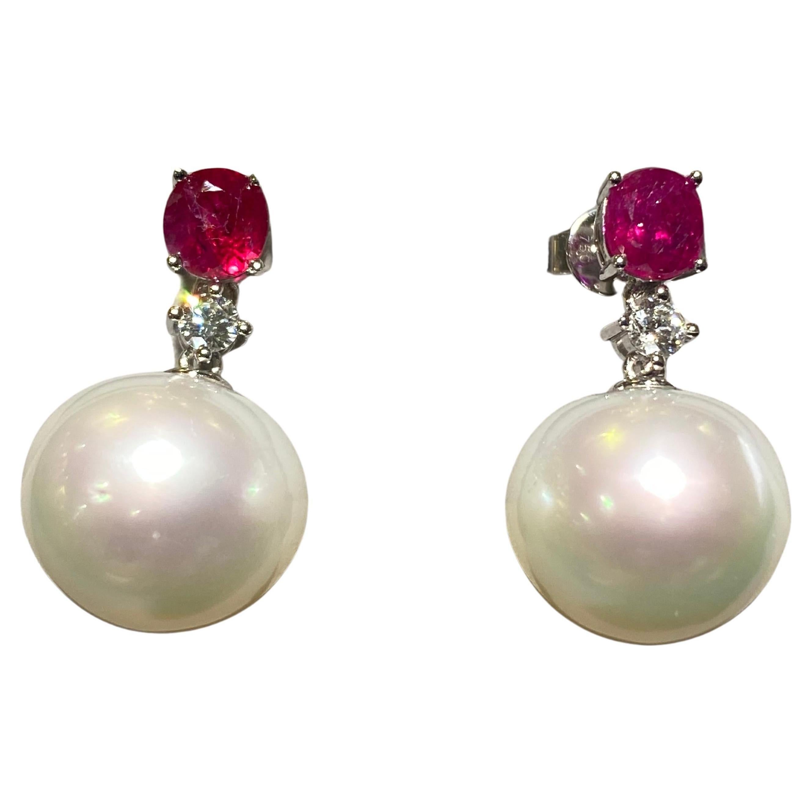 Eostre Ruby, White Australian South Sea Pearl and Diamond Earrings in 18k Gold