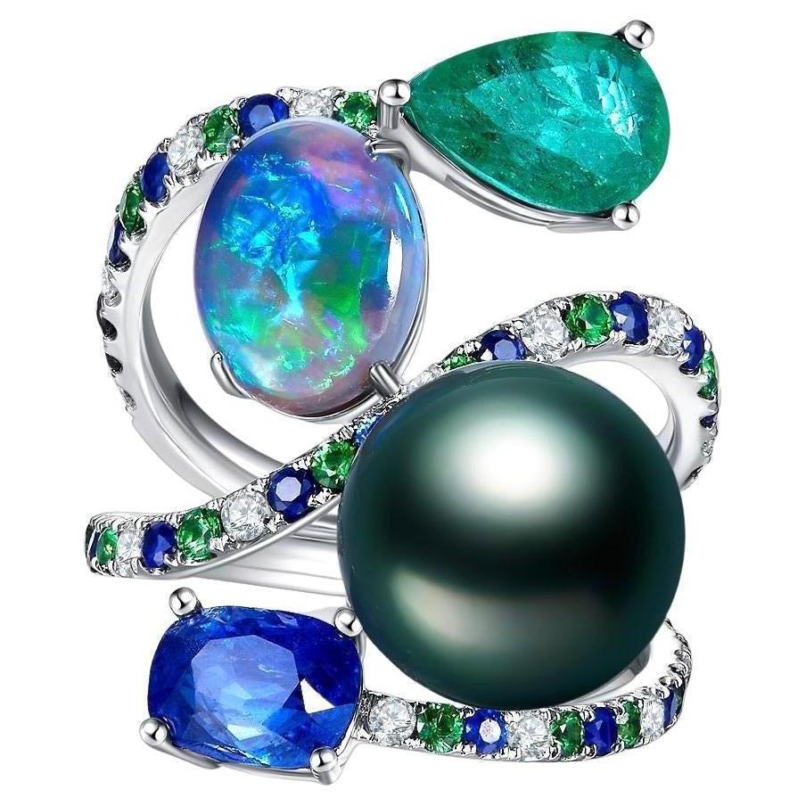 Eostre Sapphire, Opal, Emerald, Pearl and Diamond Ring in 18K White Gold For Sale