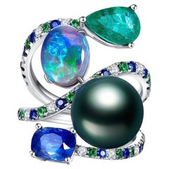 Eostre Sapphire, Opal, Emerald, Pearl and Diamond Ring in 18K White Gold