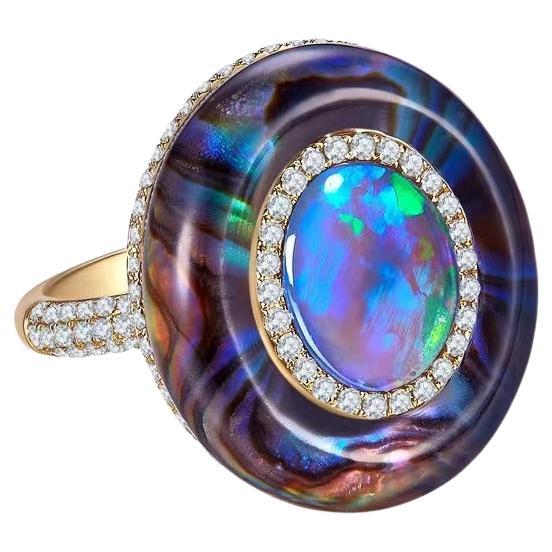 Eostre Solid Opal, Abalone Shell, Crystal and Diamond in 18k Yellow Gold For Sale