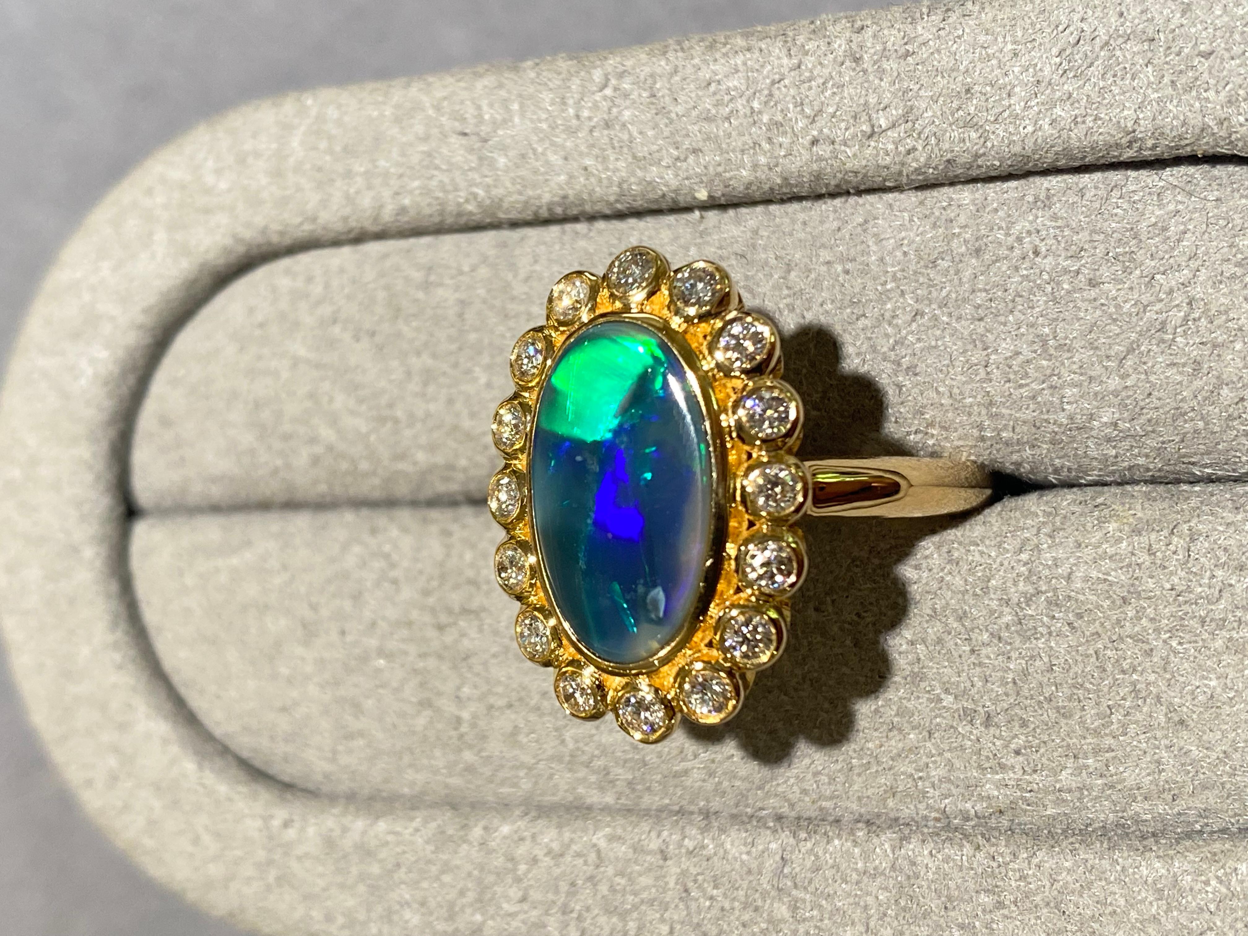 Cabochon Eostre Solid Opal and Diamond Ring in 18k Yellow Gold For Sale