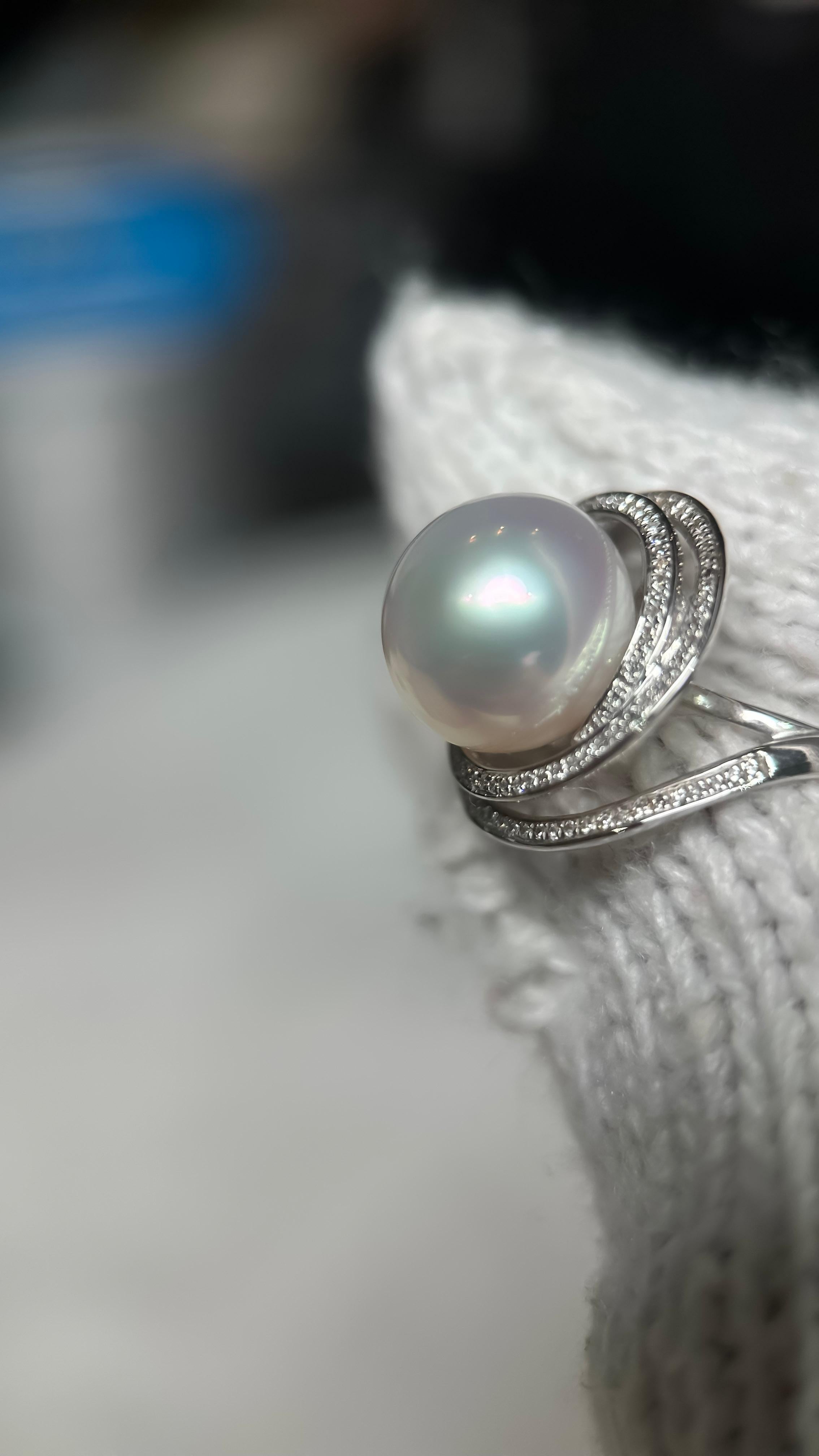 Brilliant Cut Eostre South Sea Pearl and Diamond Ring in White  Gold For Sale