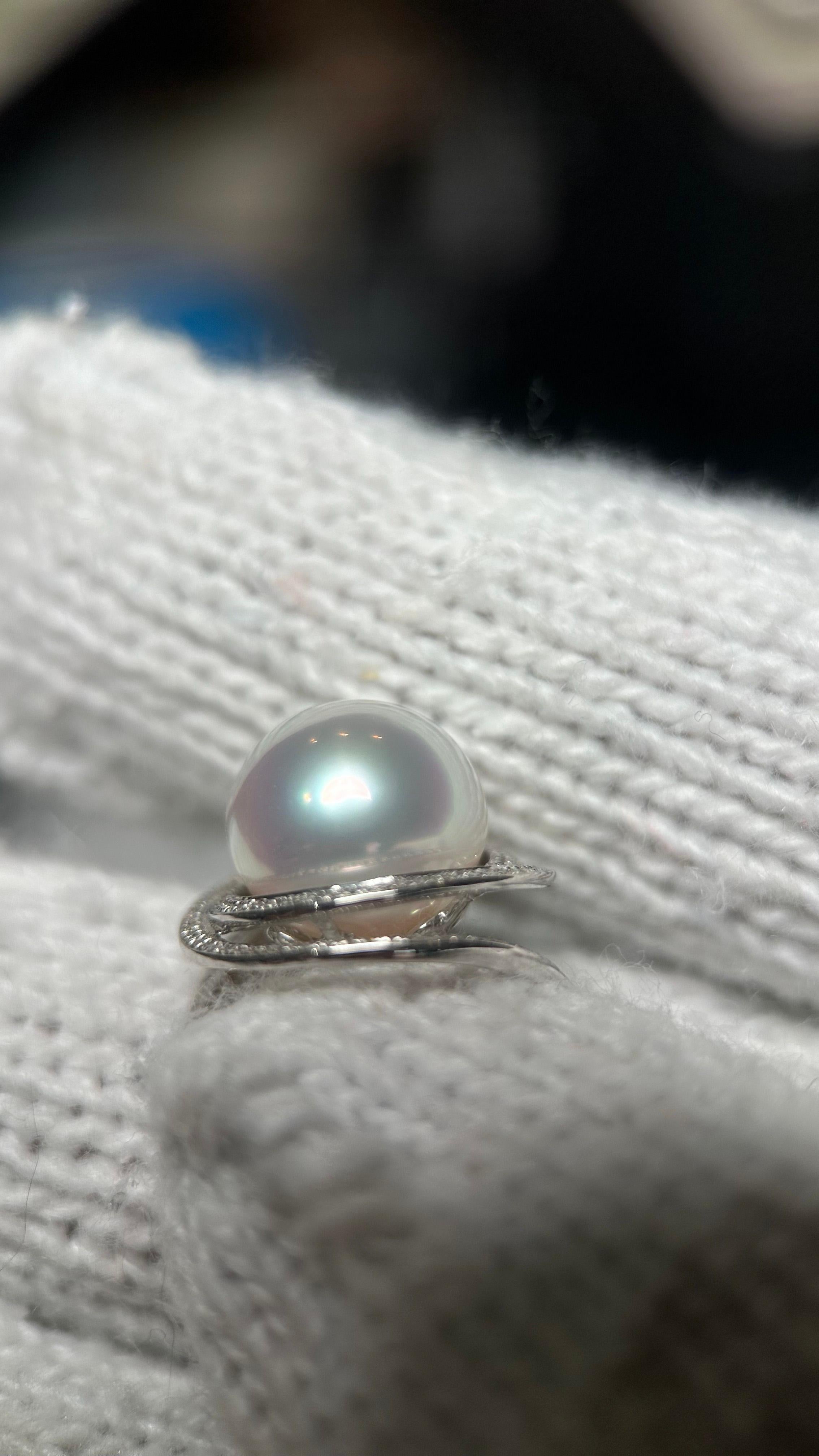 Women's or Men's Eostre South Sea Pearl and Diamond Ring in White  Gold For Sale