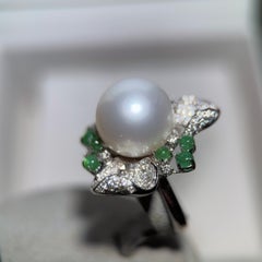 Eostre South Sea Pearl, Emerald and Diamond Ring in White Gold