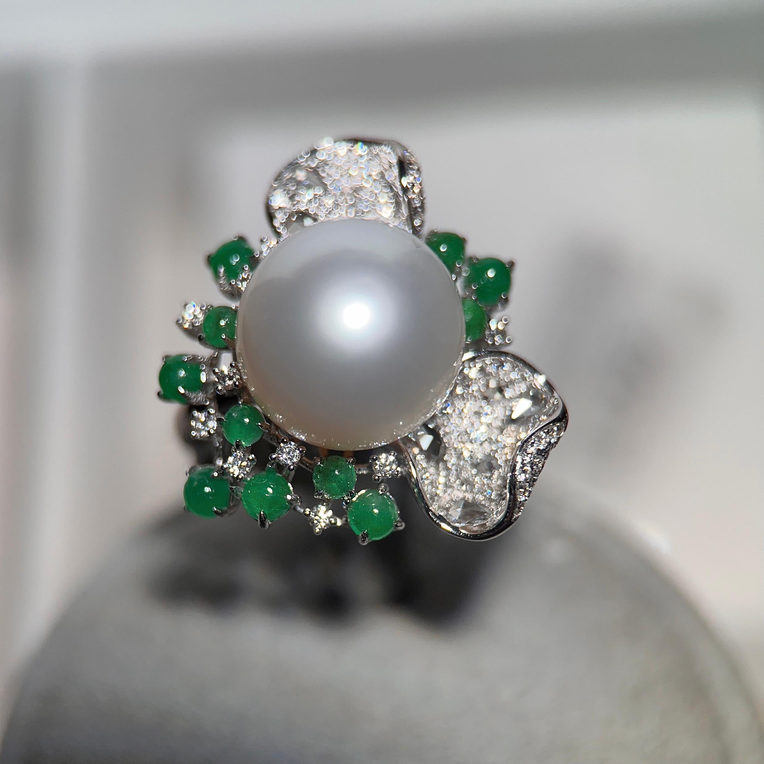 Contemporary Eostre South Sea Pearl, Emerald and Diamond Ring in White Gold For Sale