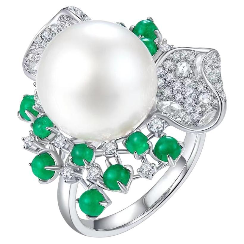 Eostre South Sea Pearl, Emerald and Diamond Ring in White Gold For Sale