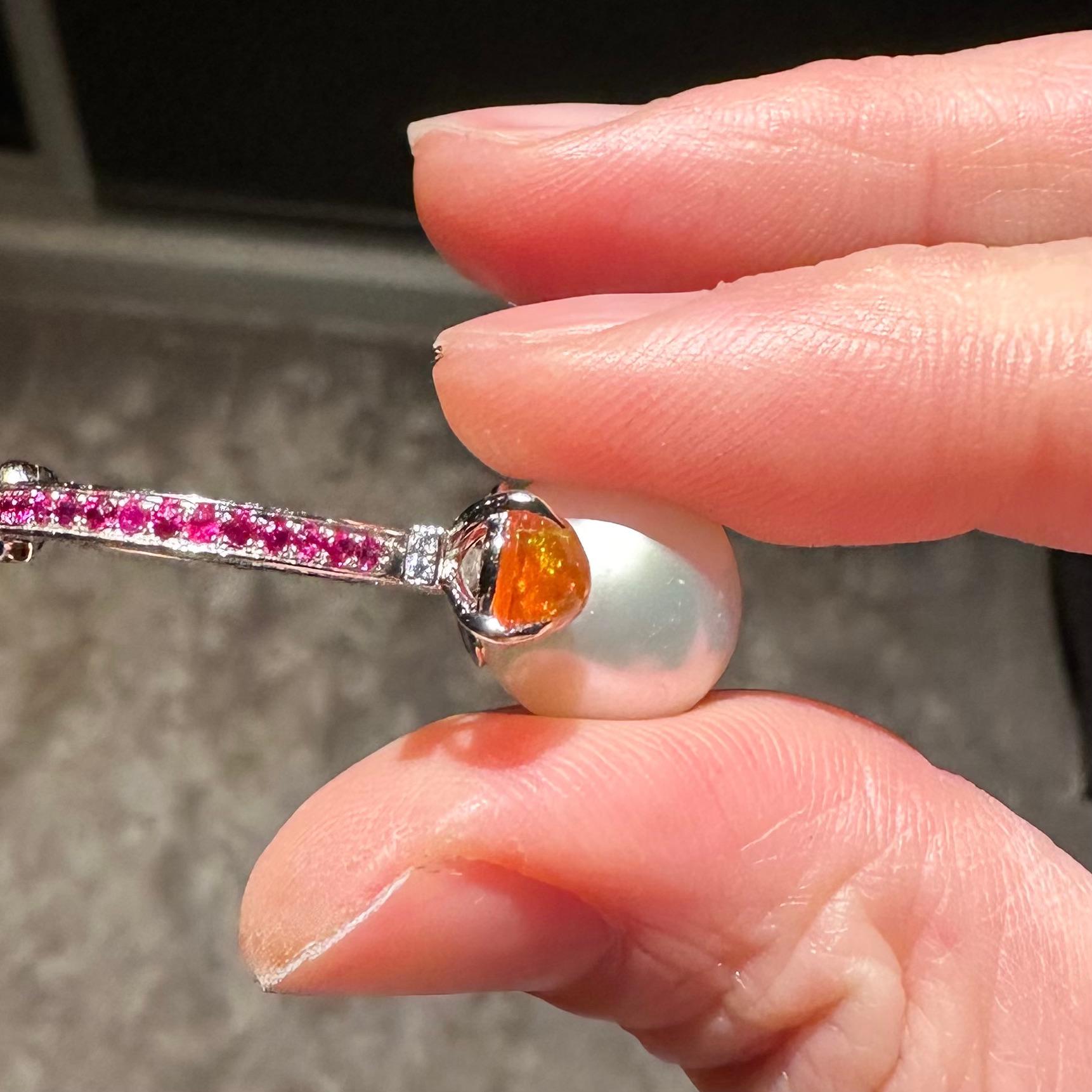 Contemporary Eostre South Sea Pearl, Fire Opal and Diamond Ring in White Gold For Sale