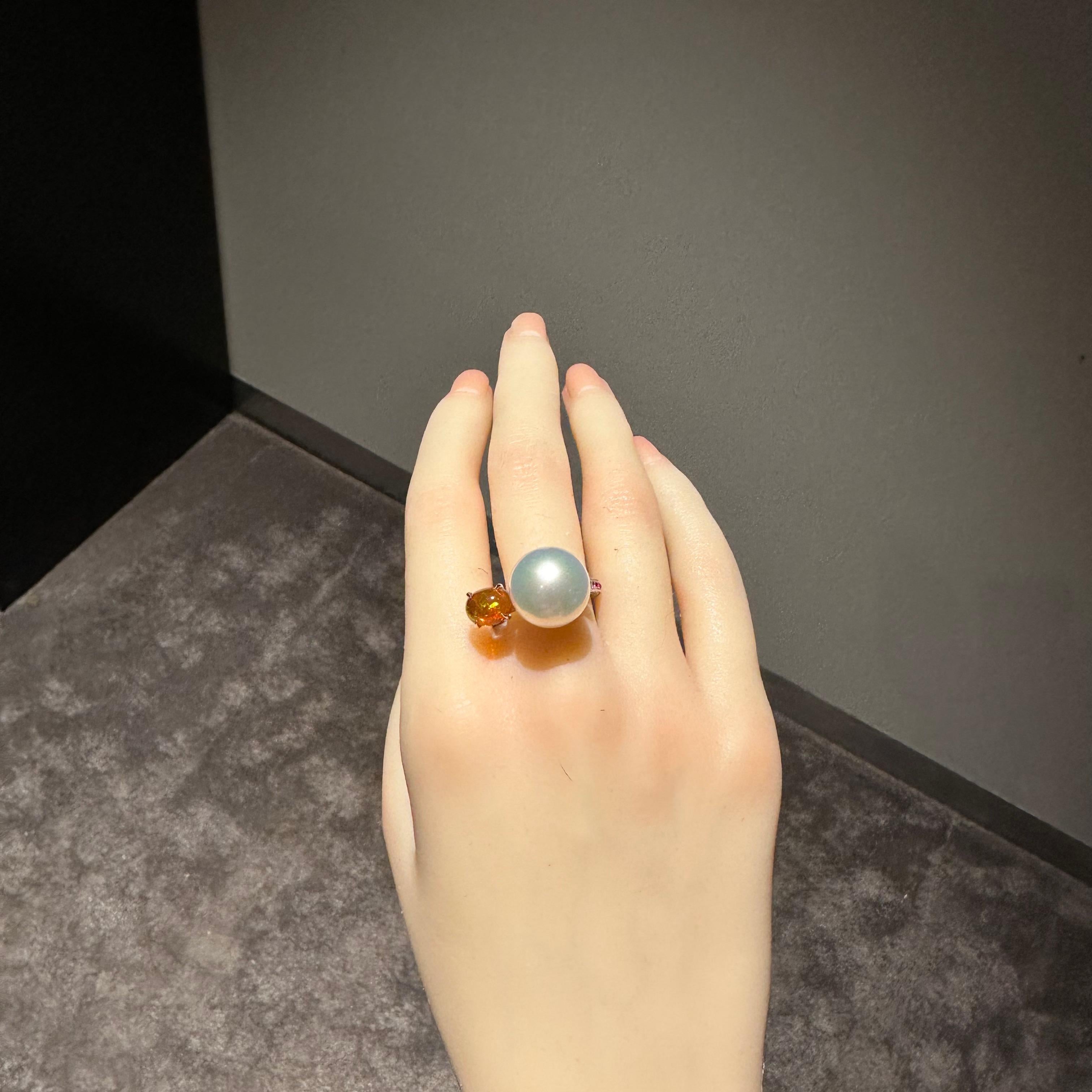 Brilliant Cut Eostre South Sea Pearl, Fire Opal and Diamond Ring in White Gold For Sale