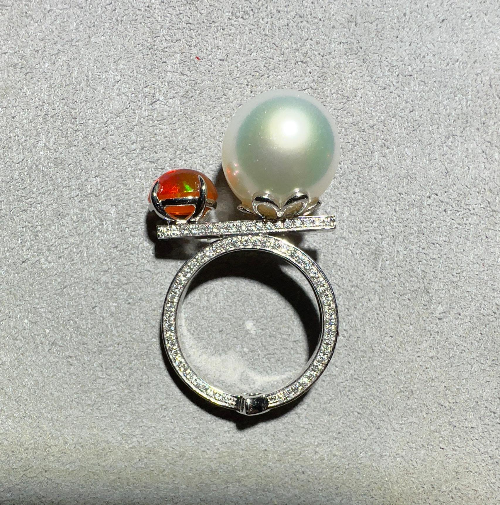 Women's Eostre South Sea Pearl, Fire Opal and Diamond Ring in White Gold For Sale
