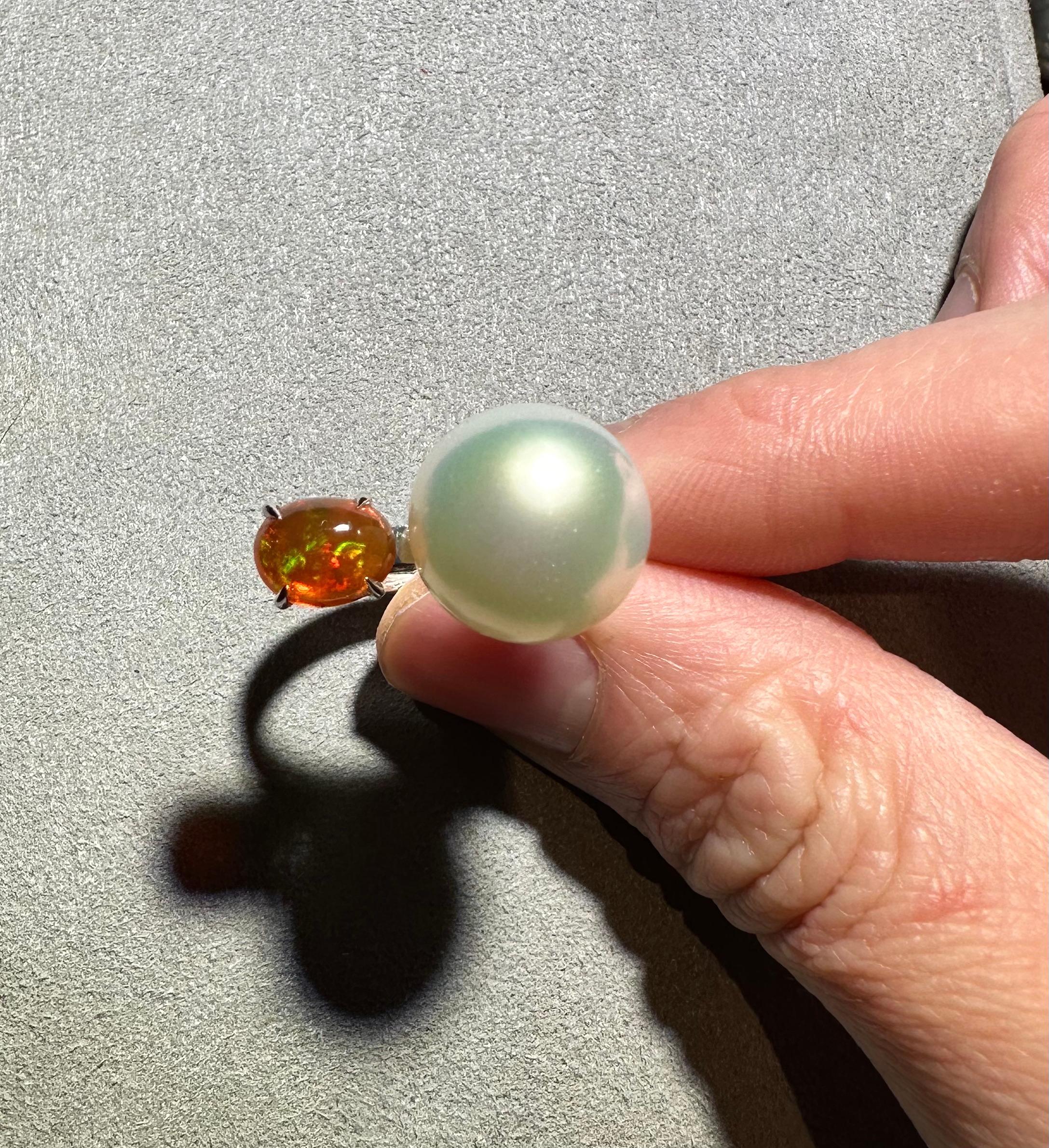 Eostre South Sea Pearl, Fire Opal and Diamond Ring in White Gold For Sale 1